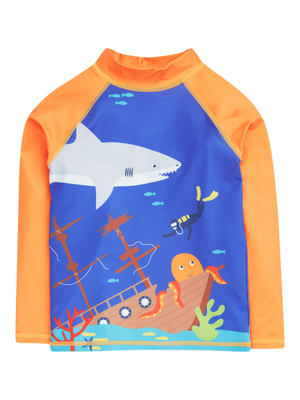 Frugi Kids' Sun Safe Sea Life Long Sleeve Rash Vest, Orange/Blue, Orange/Blue