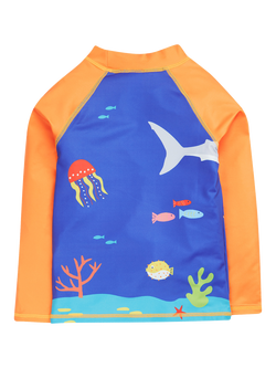 Frugi Kids' Sun Safe Sea Life Long Sleeve Rash Vest, Orange/Blue - view 2, Orange/Blue