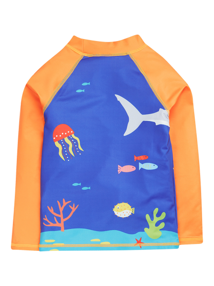 Frugi Kids' Sun Safe Sea Life Long Sleeve Rash Vest, Orange/Blue - view 2, Orange/Blue