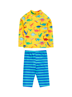 Frugi Kids' Sun Safe Dinosaur Stripe Long Sleeve Rash Vest & Shorts, Yellow/Blue, Yellow/Blue