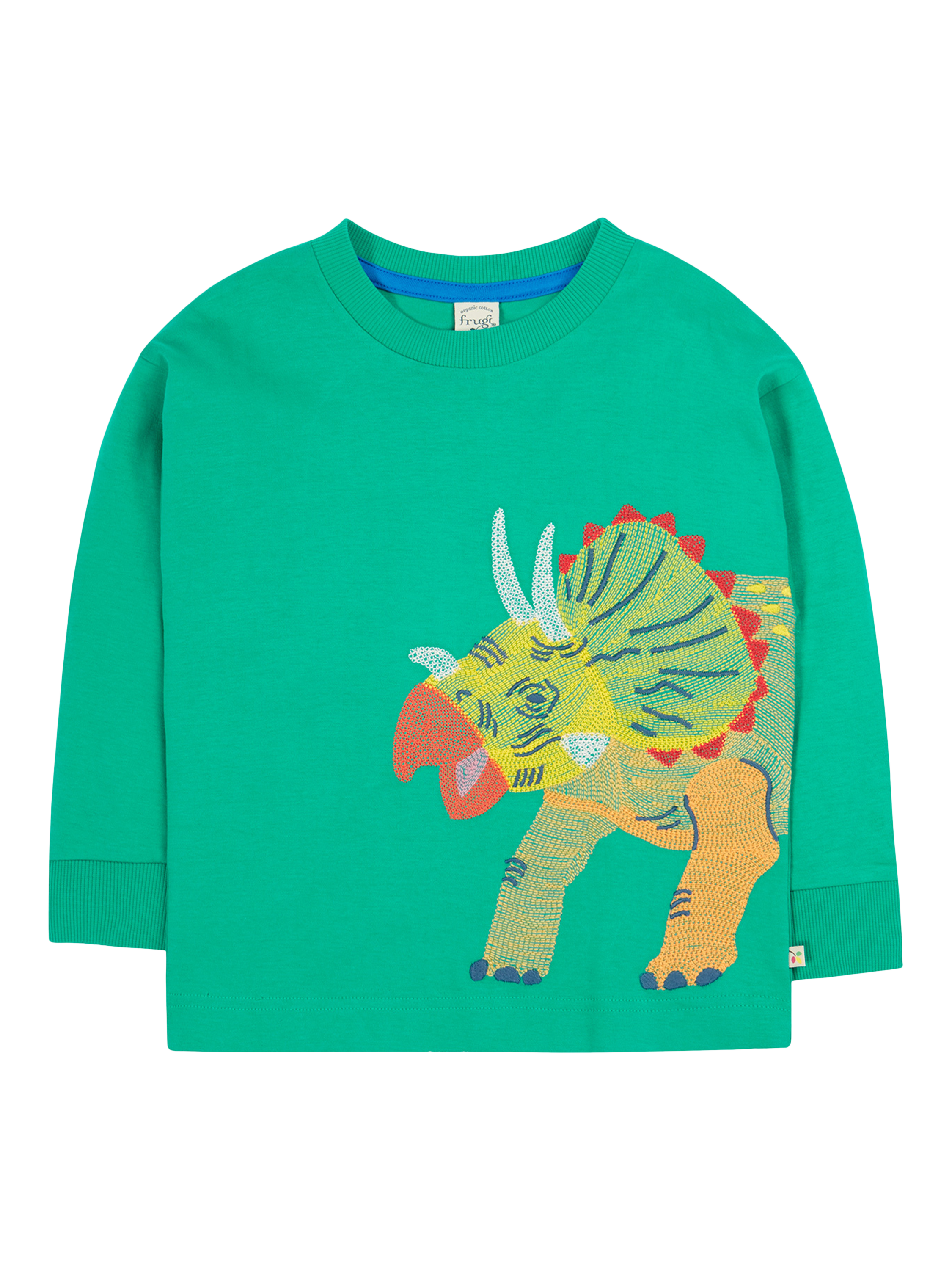 Product image 1 of 5, which shows Frugi Kids' Owen Organic Cotton Dinosaur Embroidered Top, Iguana/Multi, 2-3 years