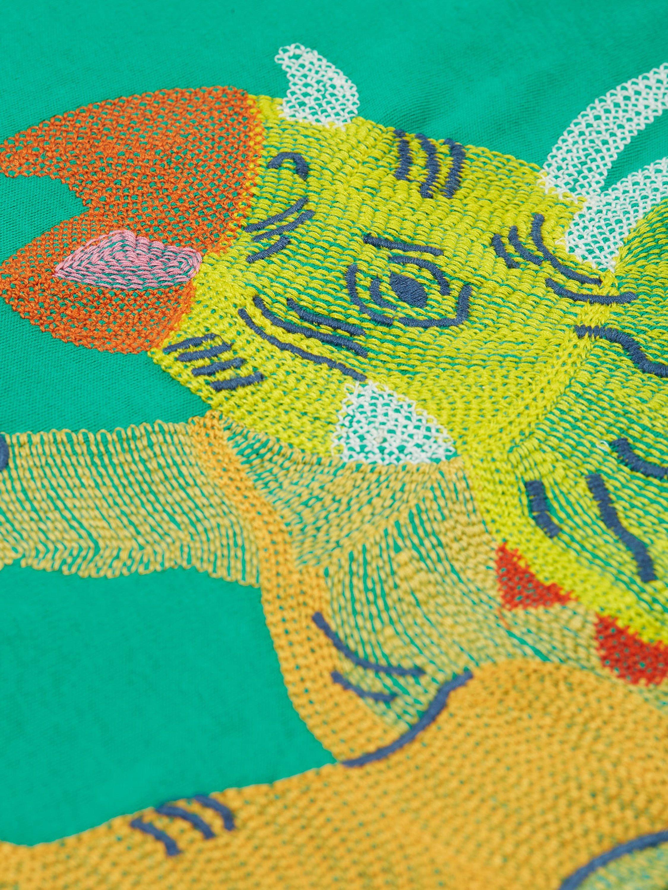 Product image 4 of 5, which shows Frugi Kids' Owen Organic Cotton Dinosaur Embroidered Top, Iguana/Multi, 2-3 years
