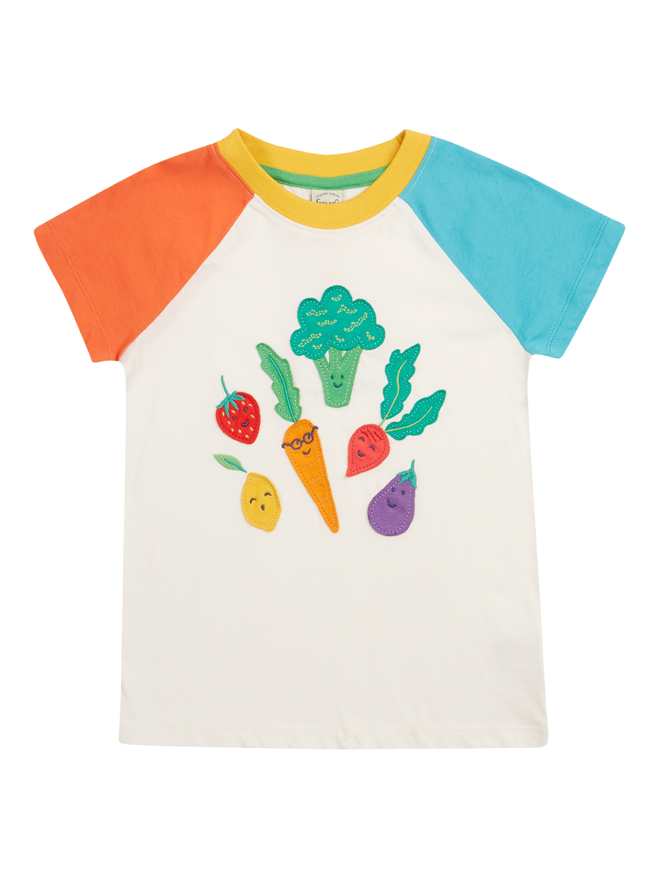Product image 1 of 6, which shows Frugi Kids' Rafe Organic Cotton Vegetable Pals Raglan T-Shirt, Multi, 0-3 months
