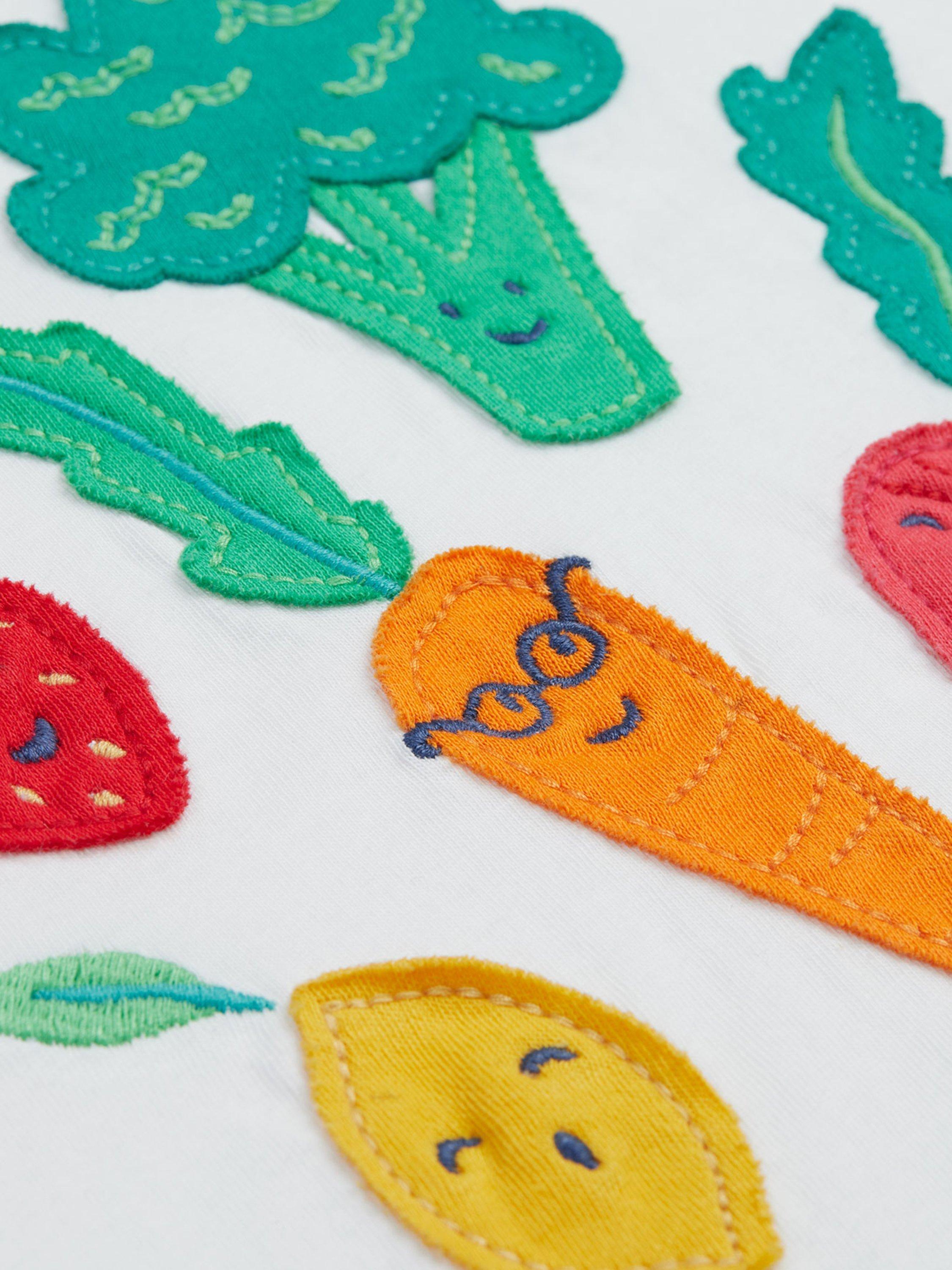 Product image 4 of 6, which shows Frugi Kids' Rafe Organic Cotton Vegetable Pals Raglan T-Shirt, Multi, 0-3 months