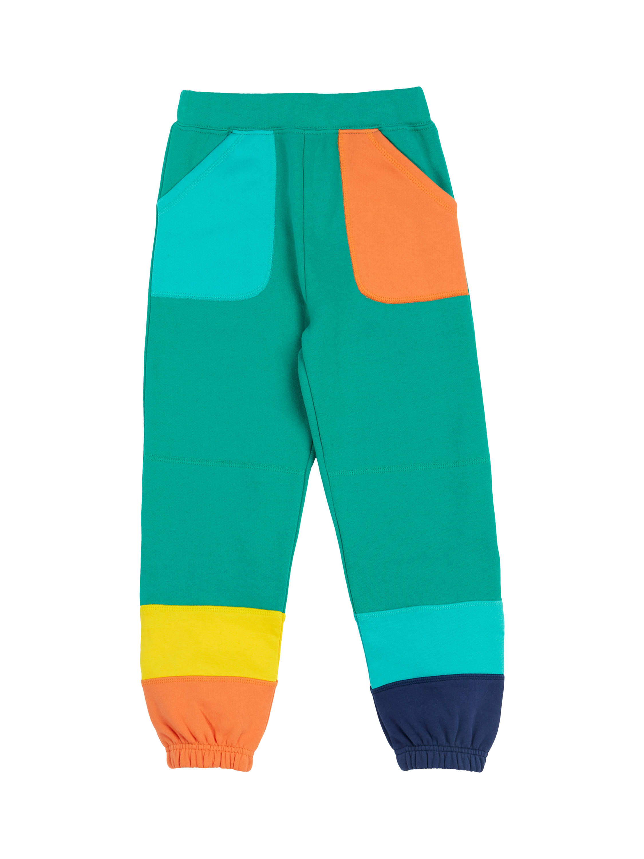 Product image 1 of 5, which shows Frugi Kids' Organic Cotton Colour Block Joggers, Iguana/Multi, 2-3 years