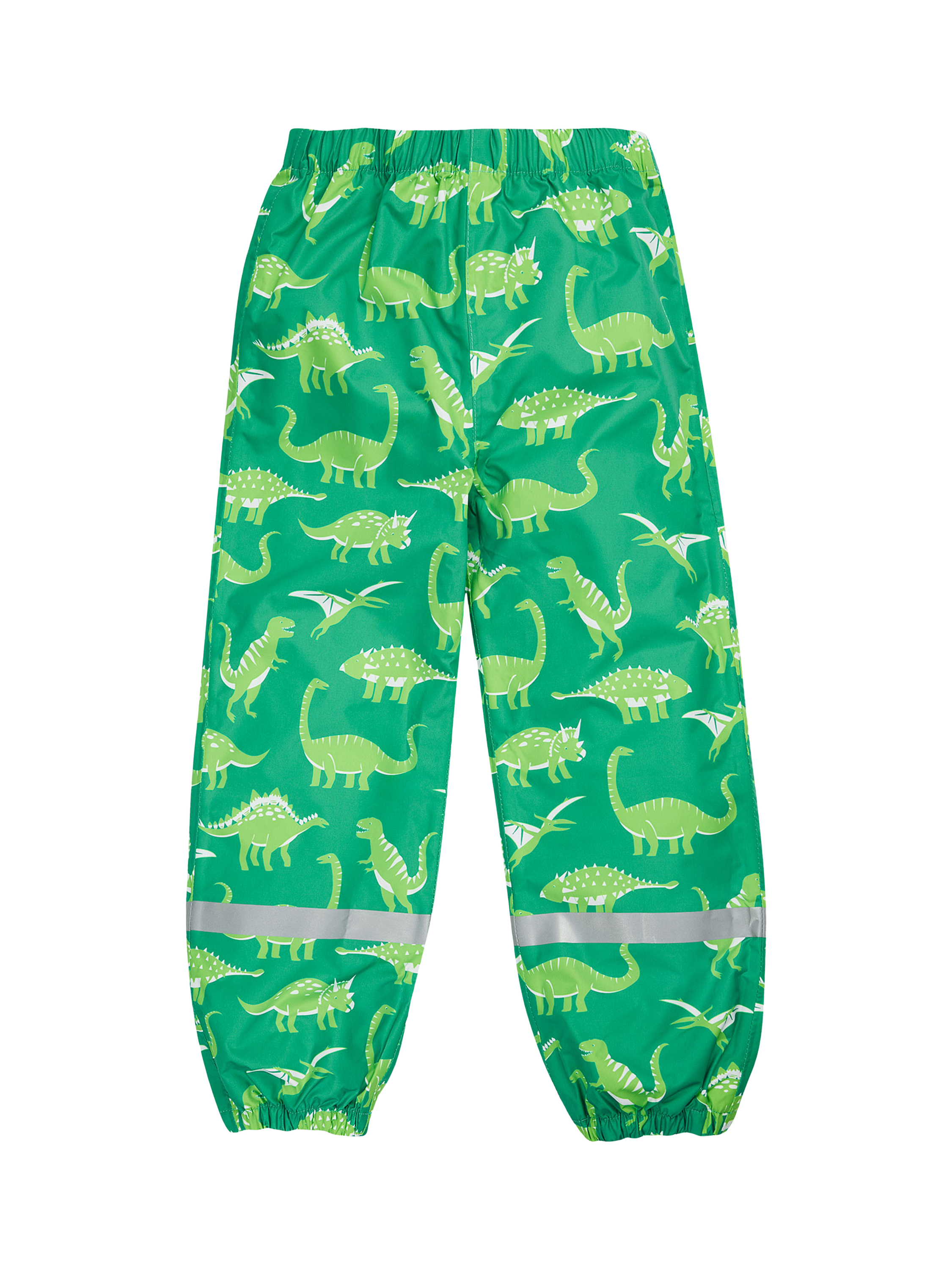 Product image 1 of 5, which shows Frugi Kids' Rain or Shine Dinosaur Waterproof Trousers, Green, 1-2 years