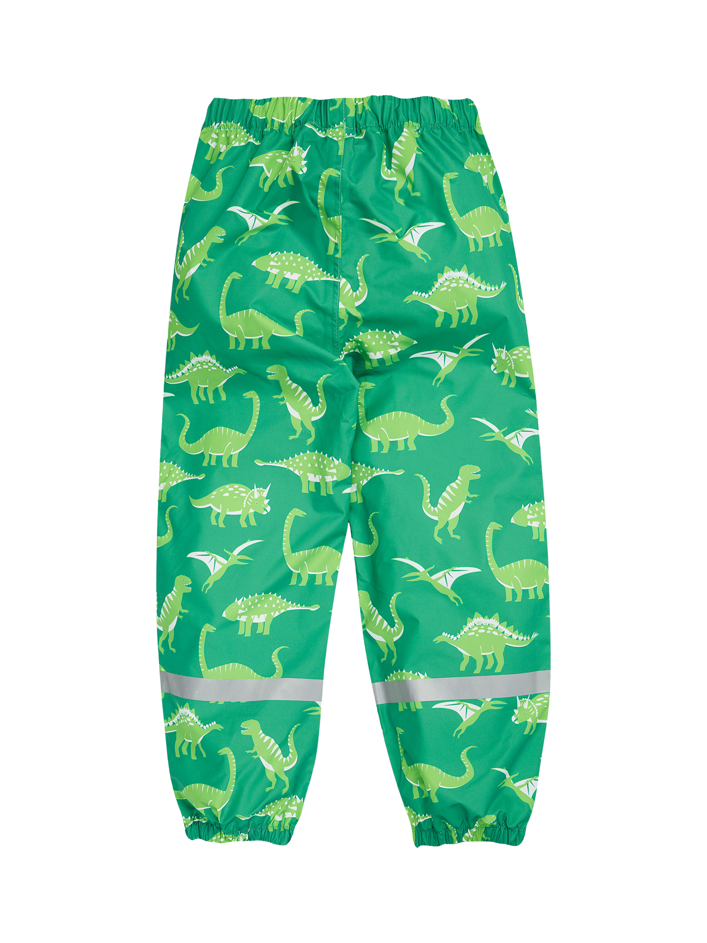 Product image 2 of 5, which shows Frugi Kids' Rain or Shine Dinosaur Waterproof Trousers, Green, 1-2 years