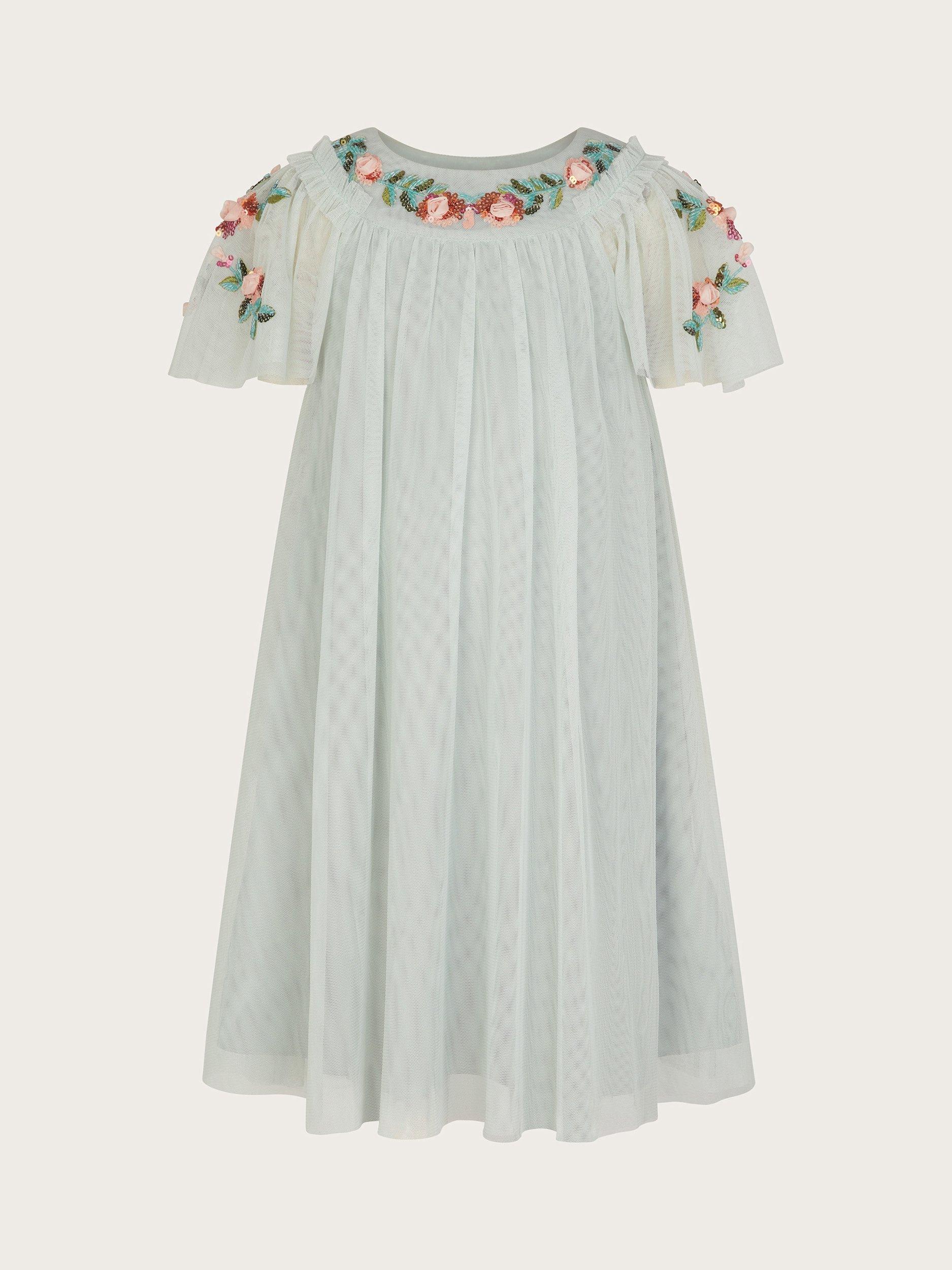 Product image 2 of 4, which shows Monsoon Kids' Evi Embellished Tulle Swing Dress, Green, 3 years