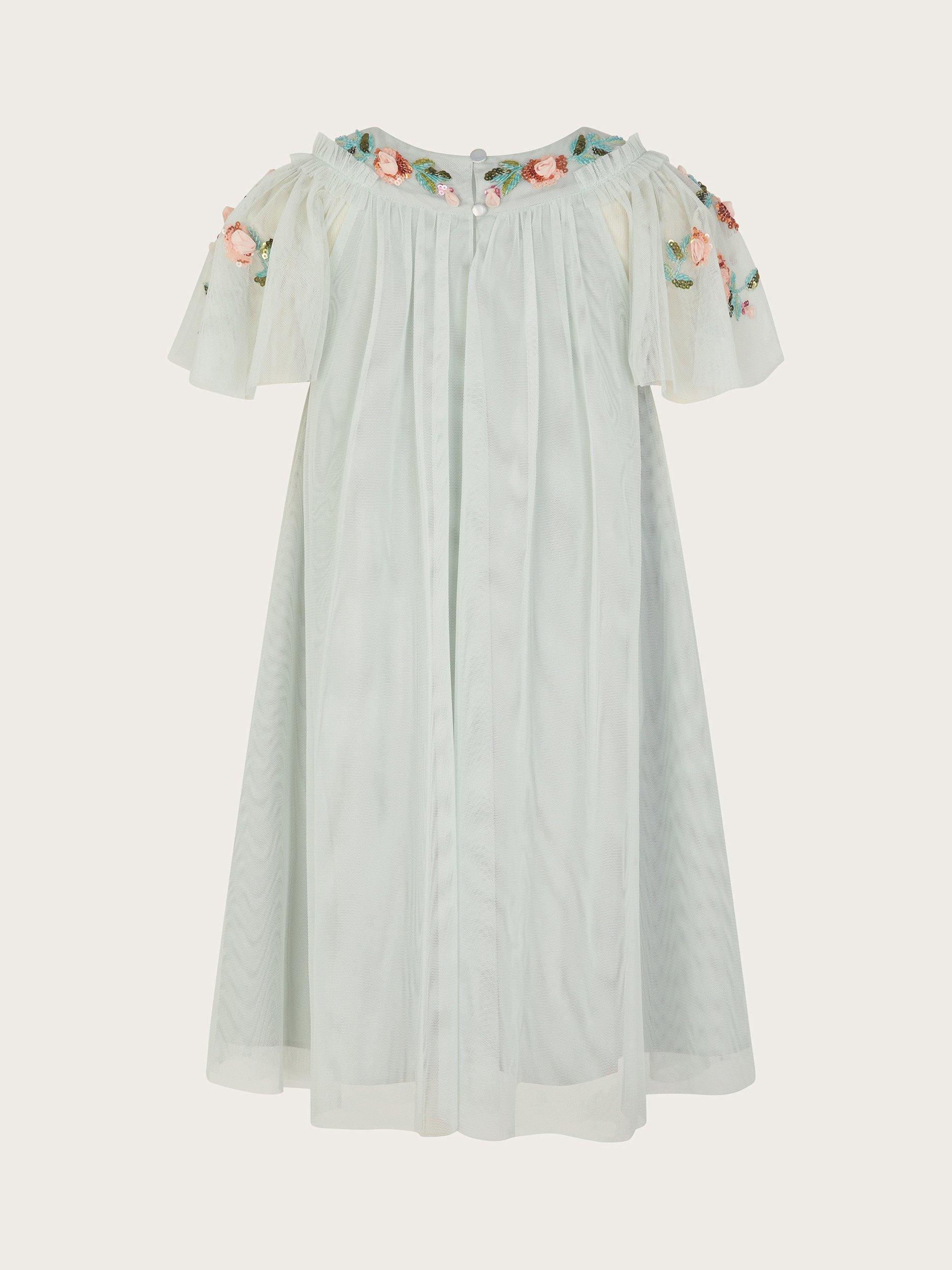 Product image 3 of 4, which shows Monsoon Kids' Evi Embellished Tulle Swing Dress, Green, 3 years