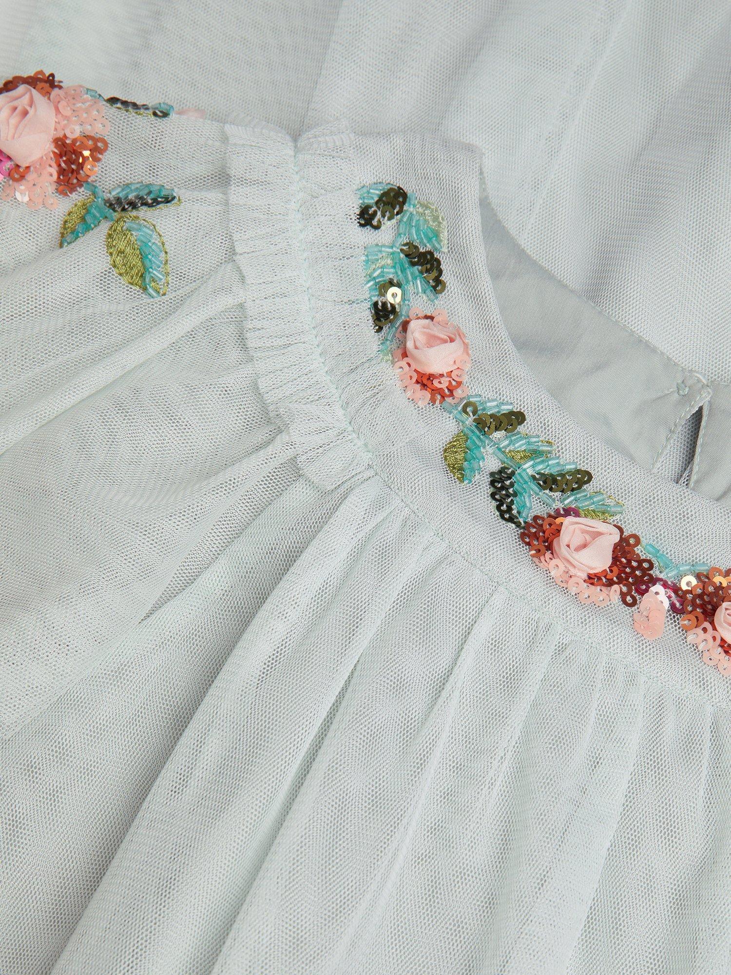 Product image 4 of 4, which shows Monsoon Kids' Evi Embellished Tulle Swing Dress, Green, 3 years