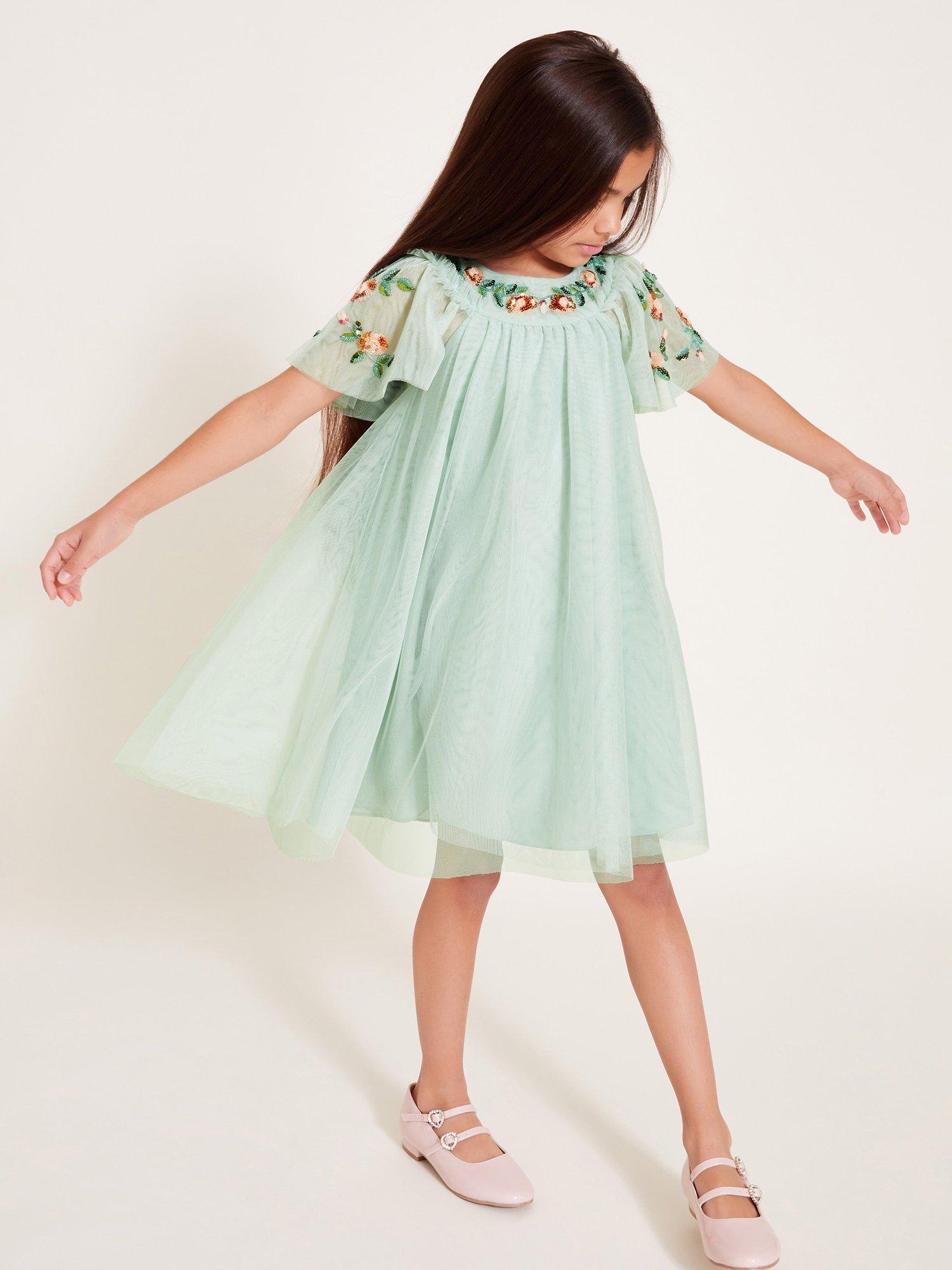 Product image 1 of 4, which shows Monsoon Kids' Evi Embellished Tulle Swing Dress, Green, 3 years