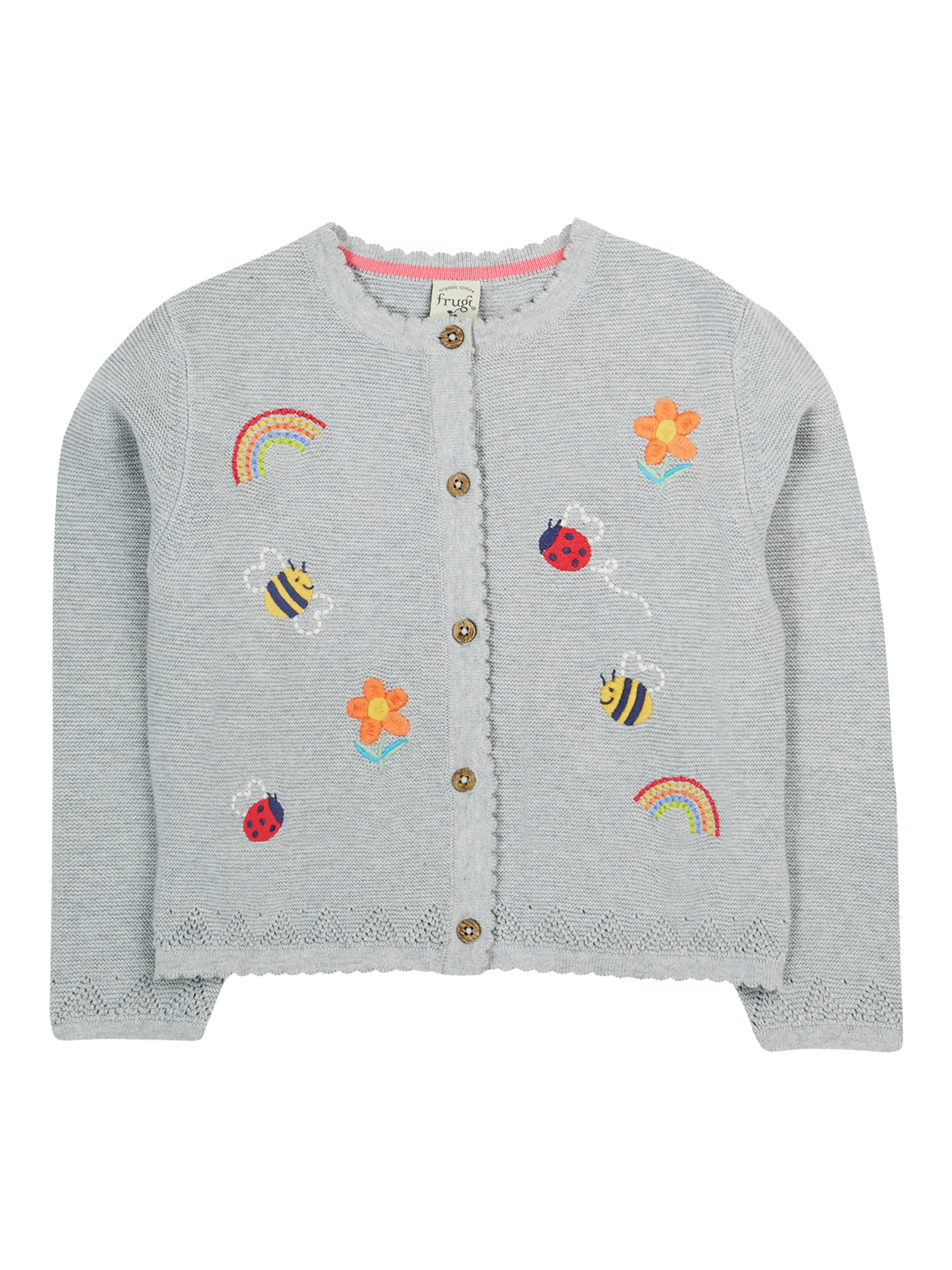 Product image 1 of 4, which shows Frugi Kids' Cotton Long Sleeved Embroidered Cardigan, Grey Mid, 0-3 months