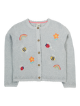 Frugi Kids' Cotton Long Sleeved Embroidered Cardigan, Grey Mid