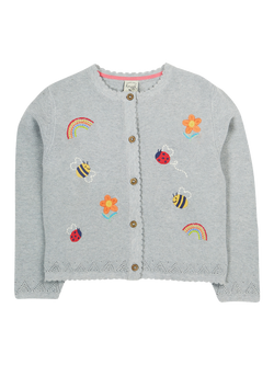 Frugi Kids' Cotton Long Sleeved Embroidered Cardigan, Grey Mid, Grey Mid