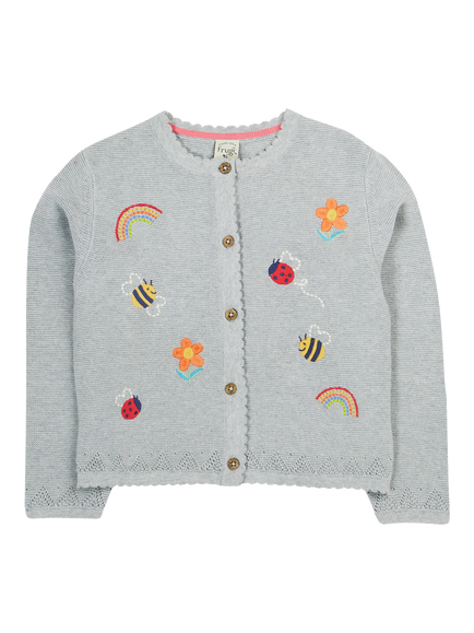 Frugi Kids' Cotton Long Sleeved Embroidered Cardigan, Grey Mid, Grey Mid