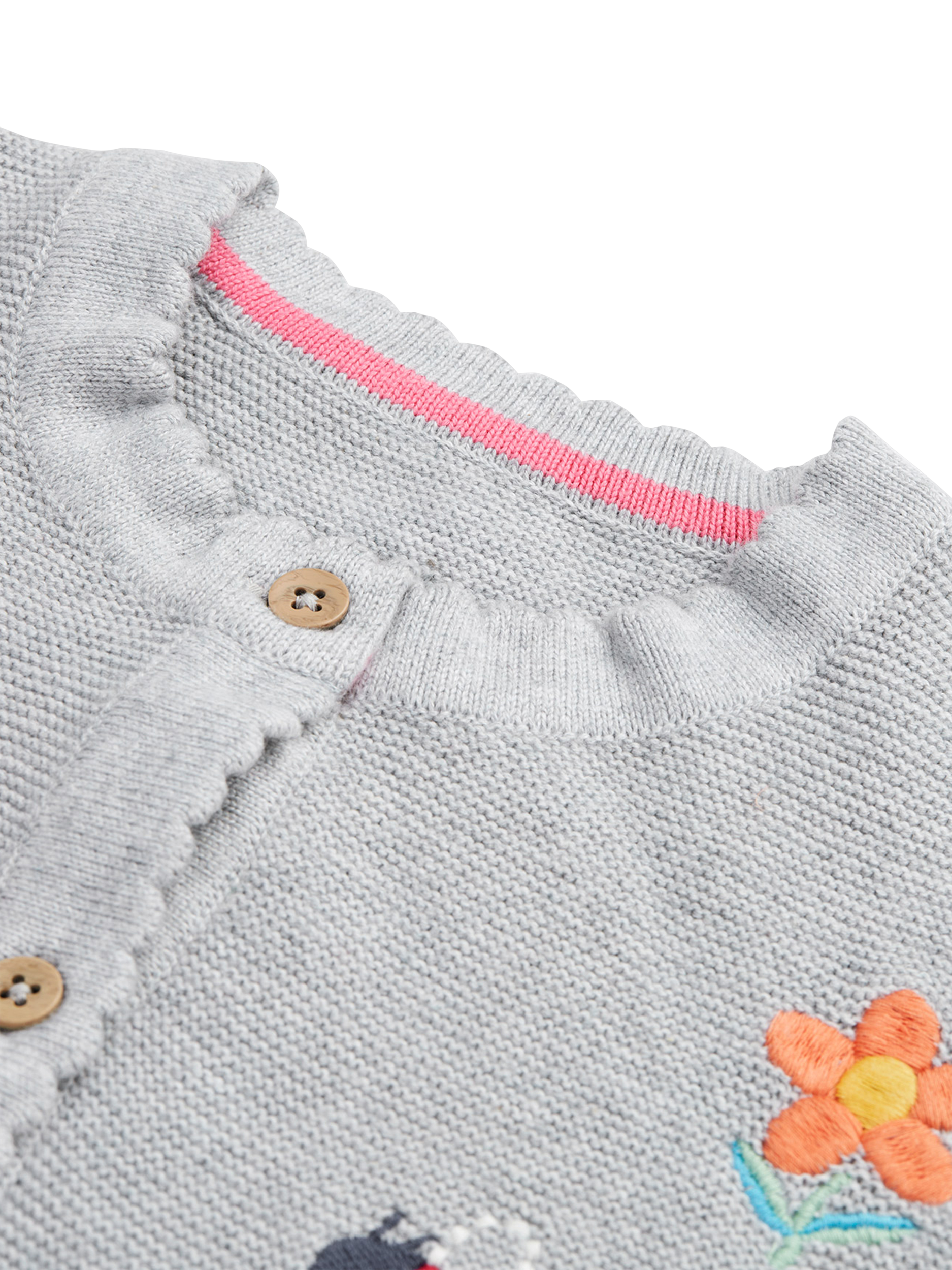 Product image 2 of 4, which shows Frugi Kids' Cotton Long Sleeved Embroidered Cardigan, Grey Mid, 0-3 months