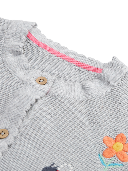 Frugi Kids' Cotton Long Sleeved Embroidered Cardigan, Grey Mid - view 2, Grey Mid