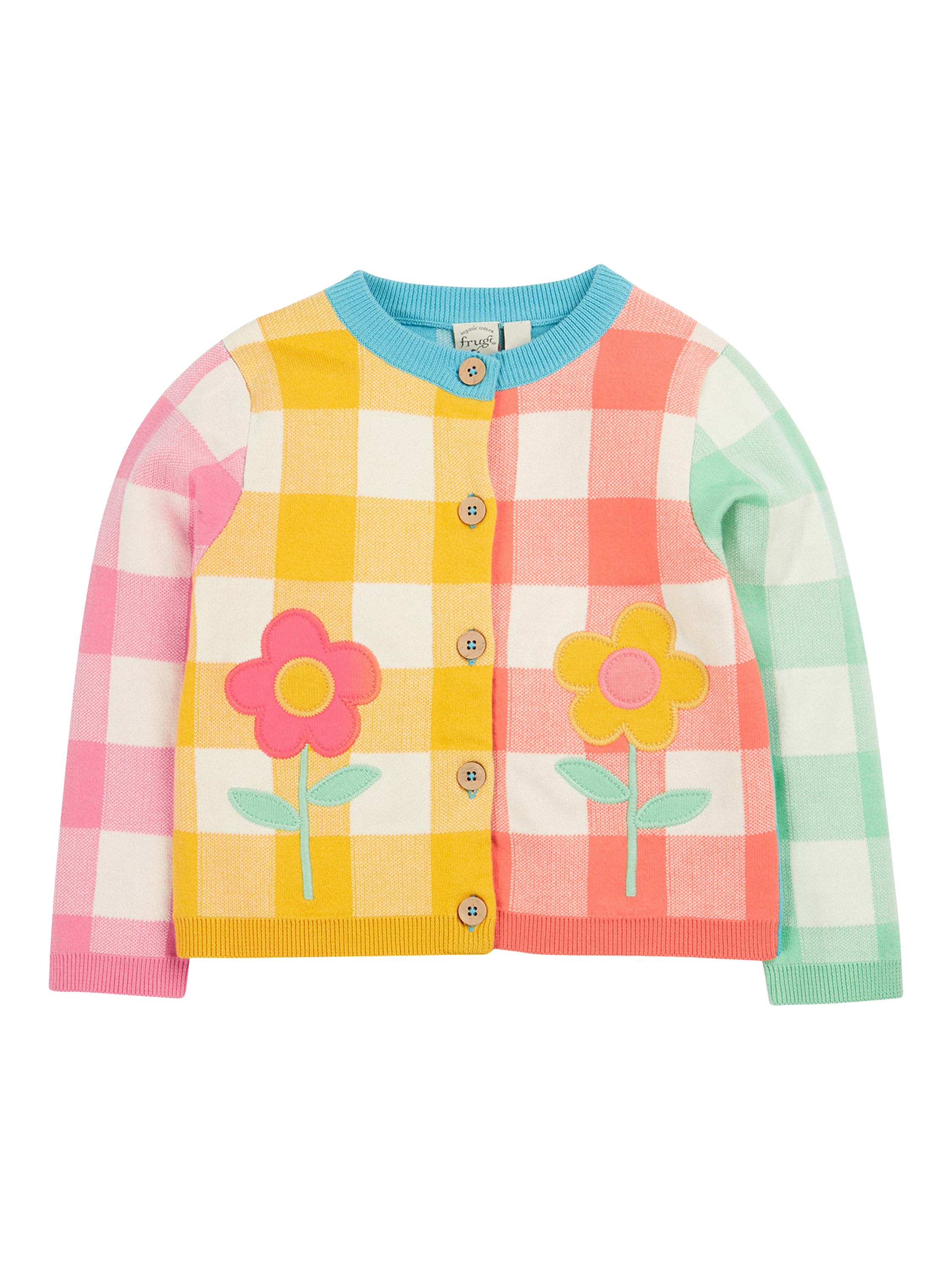 Product image 1 of 7, which shows Frugi Kids' Maggie Cotton Long Sleeved Cardigan, Daisy Check, 2-3 years