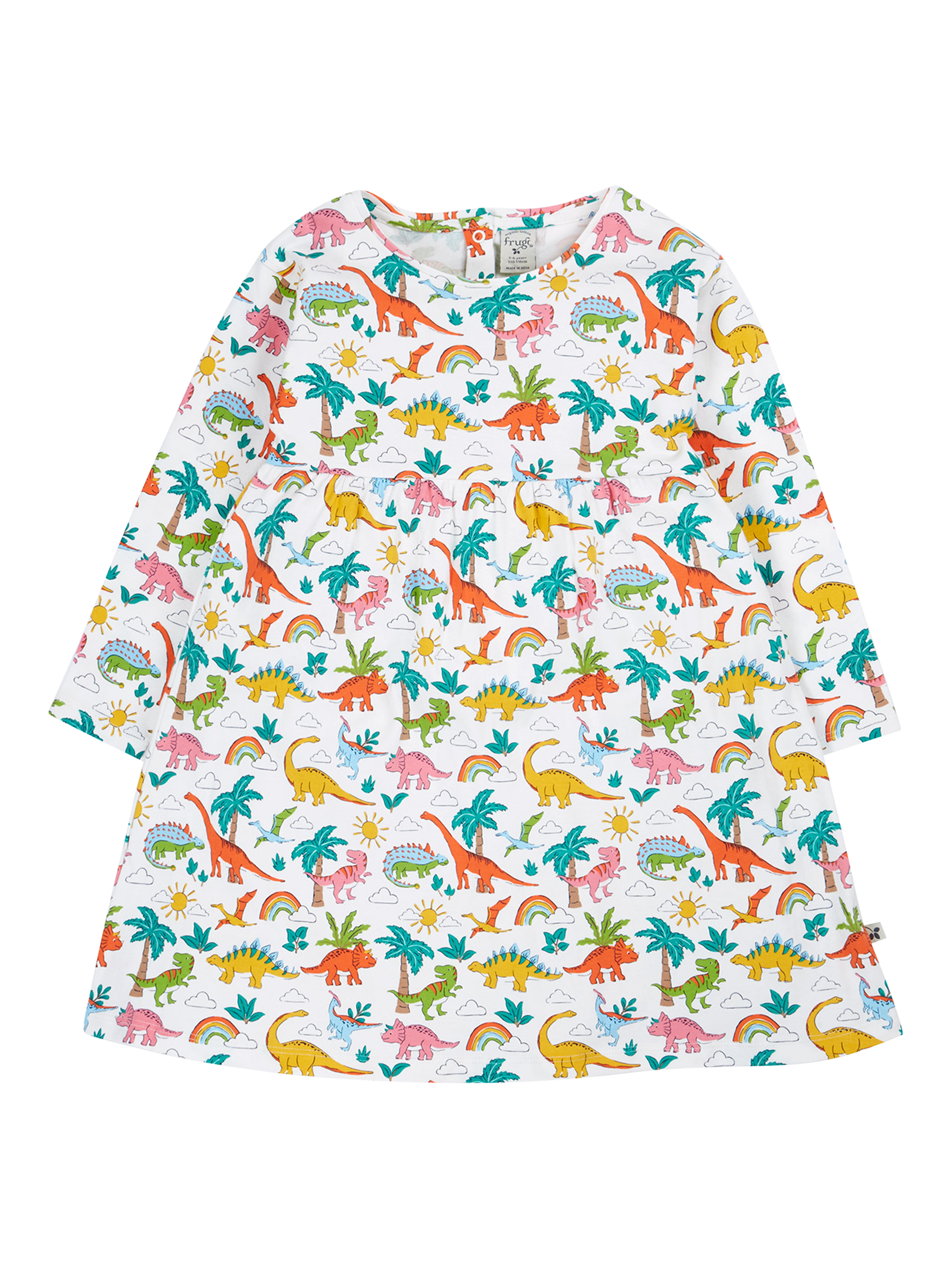 Product image 1 of 4, which shows Frugi Kids' Amelia Cotton Dinosaur Print Dress, White/Multi, 0-3 months