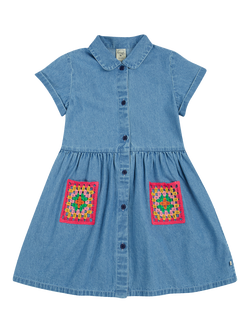 Frugi Kids' Kimberley Pure Organic Cotton Shirt Dress, Denim Blue/Multi, Denim Blue/Multi