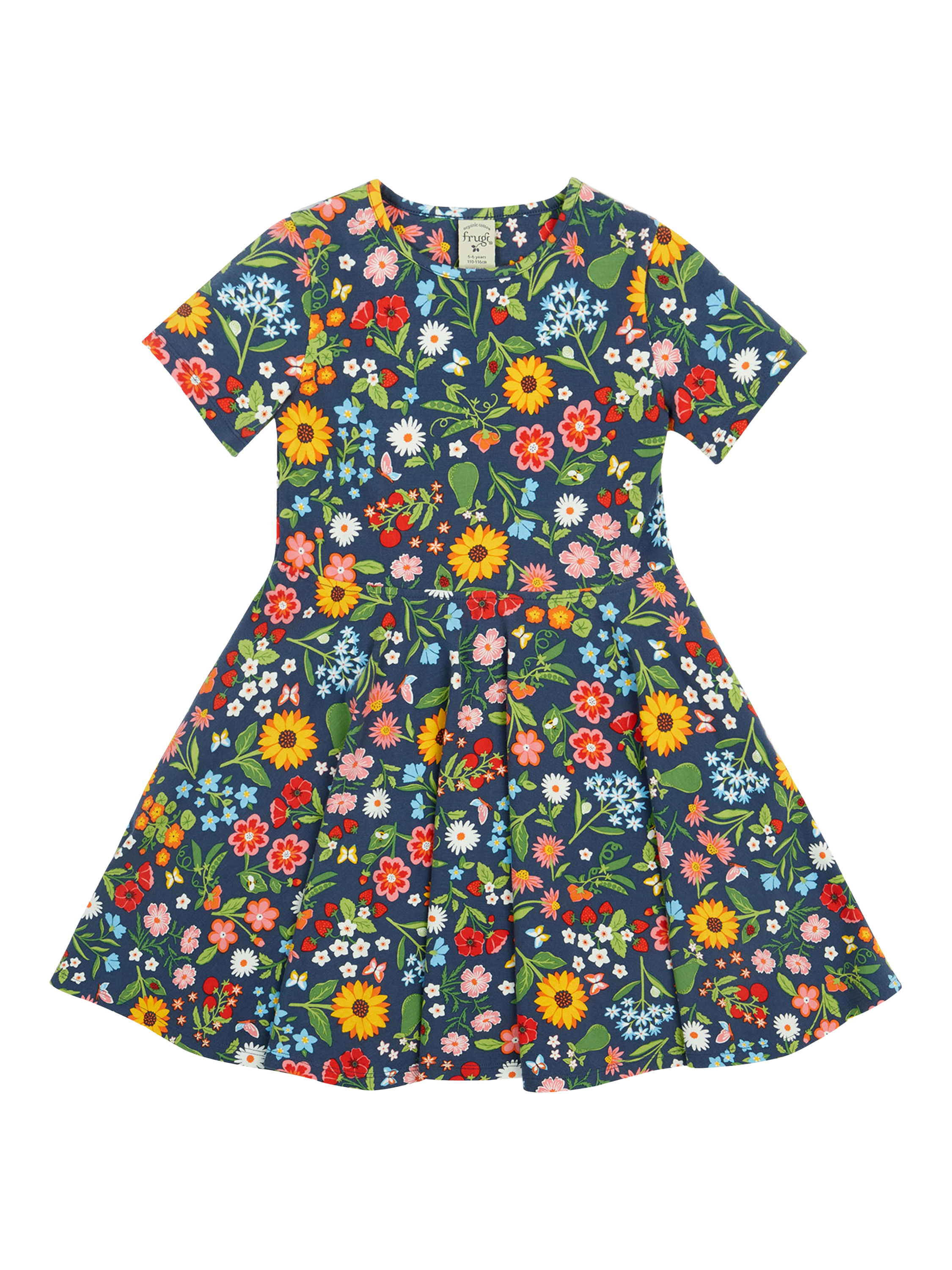 Product image 1 of 6, which shows Frugi Kids' Sunshine Organic Cotton Floral Skater Dress, Navy, 2-3 years