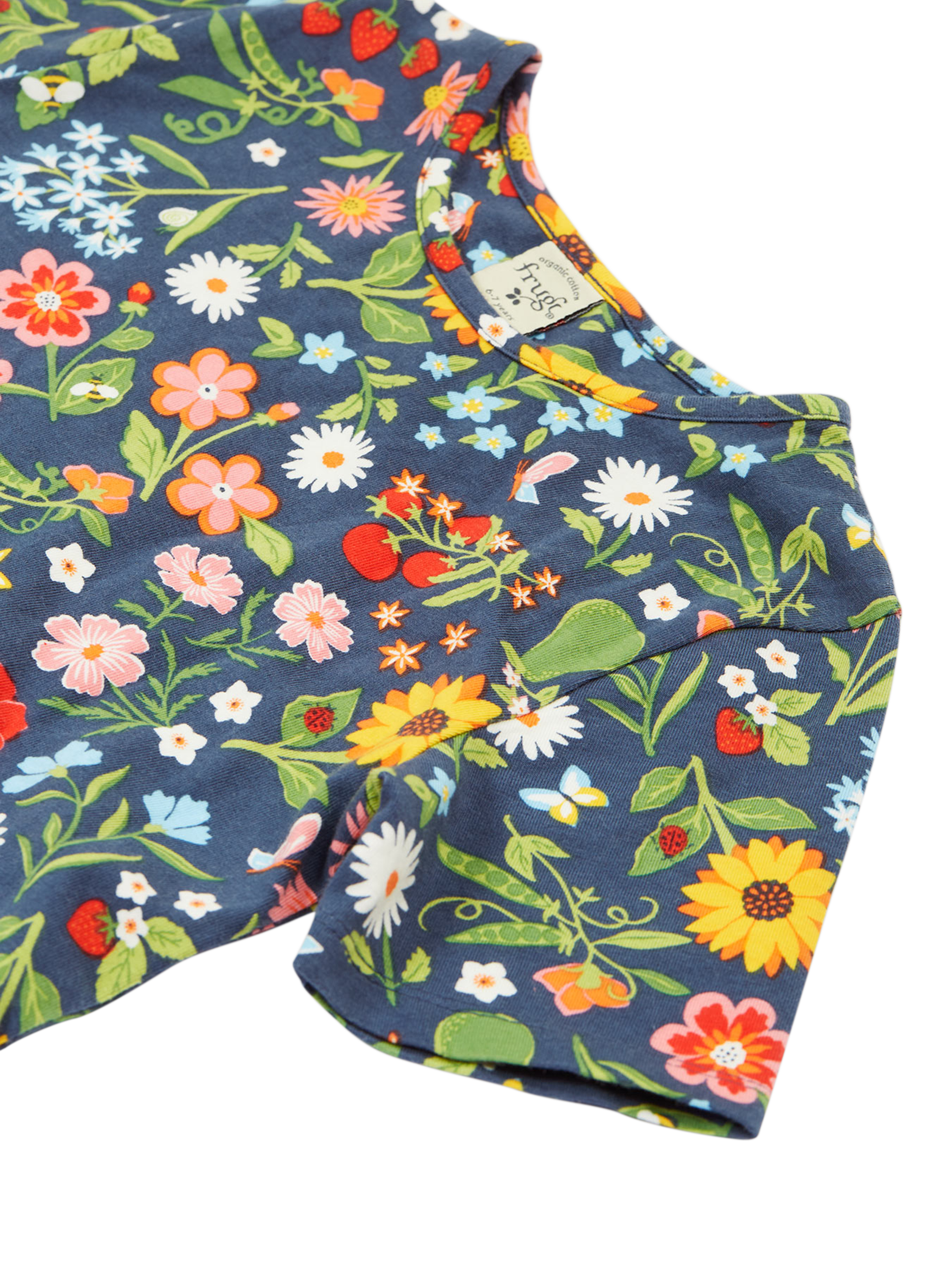 Product image 4 of 6, which shows Frugi Kids' Sunshine Organic Cotton Floral Skater Dress, Navy, 2-3 years