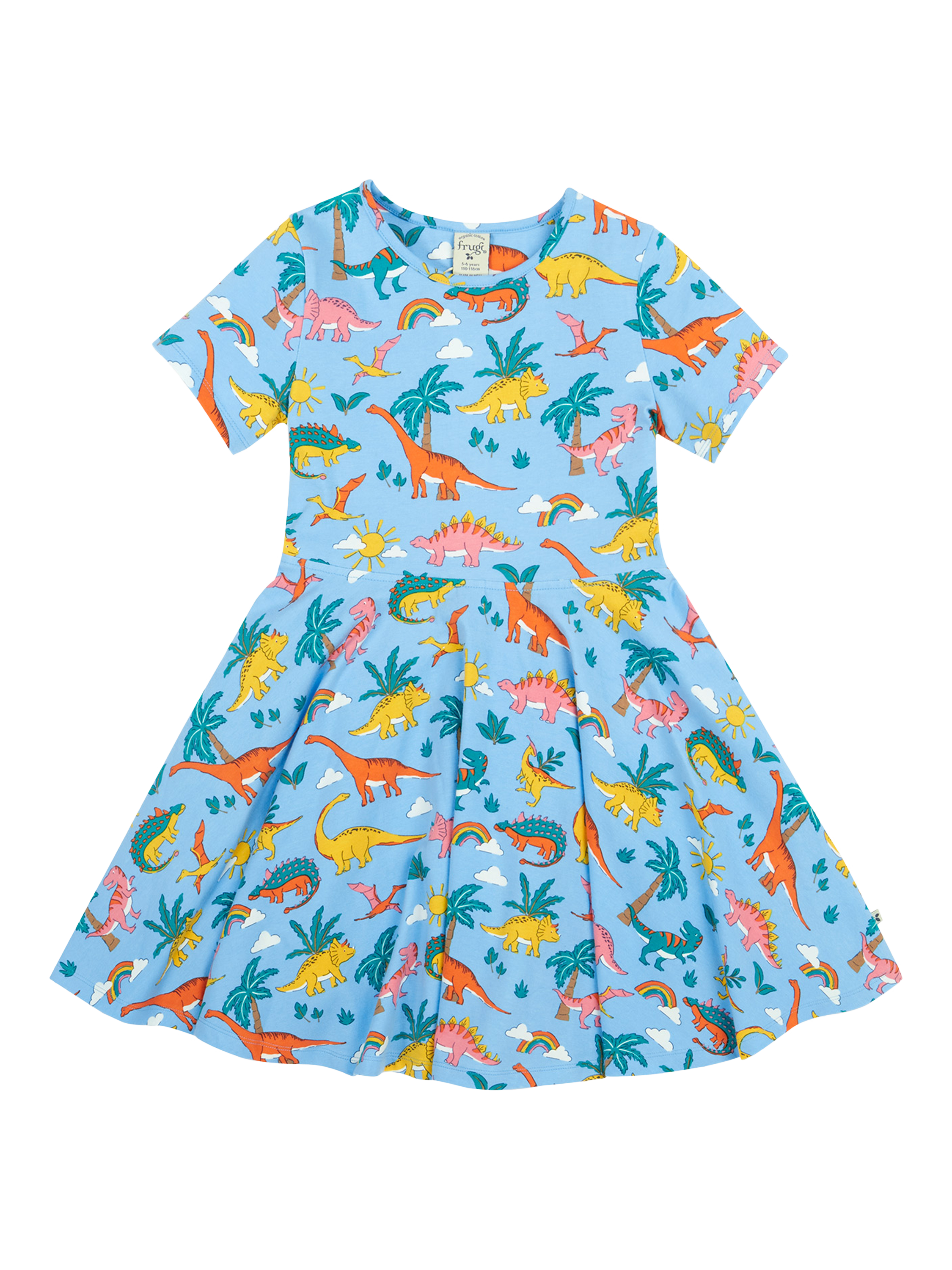 Product image 1 of 5, which shows Frugi Kids' Sunshine Organic Cotton Dinosaur Skater Dress, Blue, 2-3 years