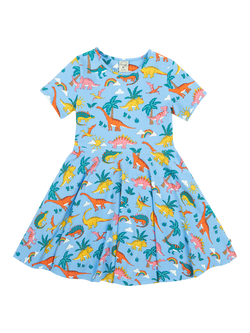 Frugi Kids' Sunshine Organic Cotton Dinosaur Skater Dress, Blue, Blue