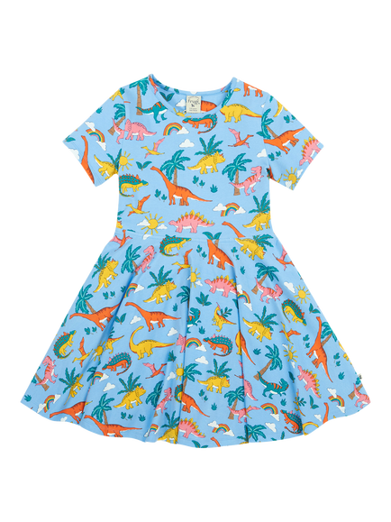 Frugi Kids' Sunshine Organic Cotton Dinosaur Skater Dress, Blue, Blue