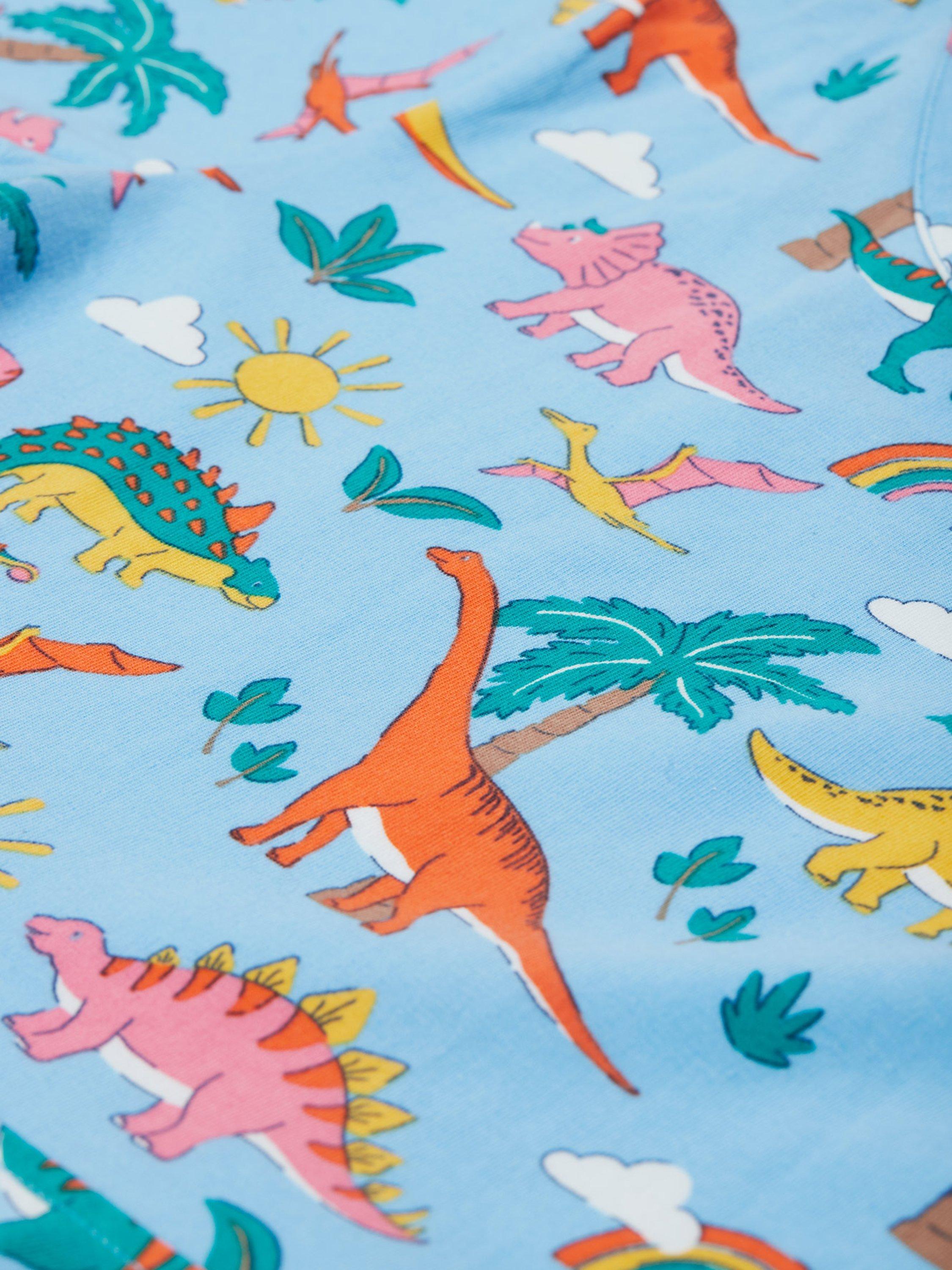 Product image 5 of 5, which shows Frugi Kids' Sunshine Organic Cotton Dinosaur Skater Dress, Blue, 2-3 years