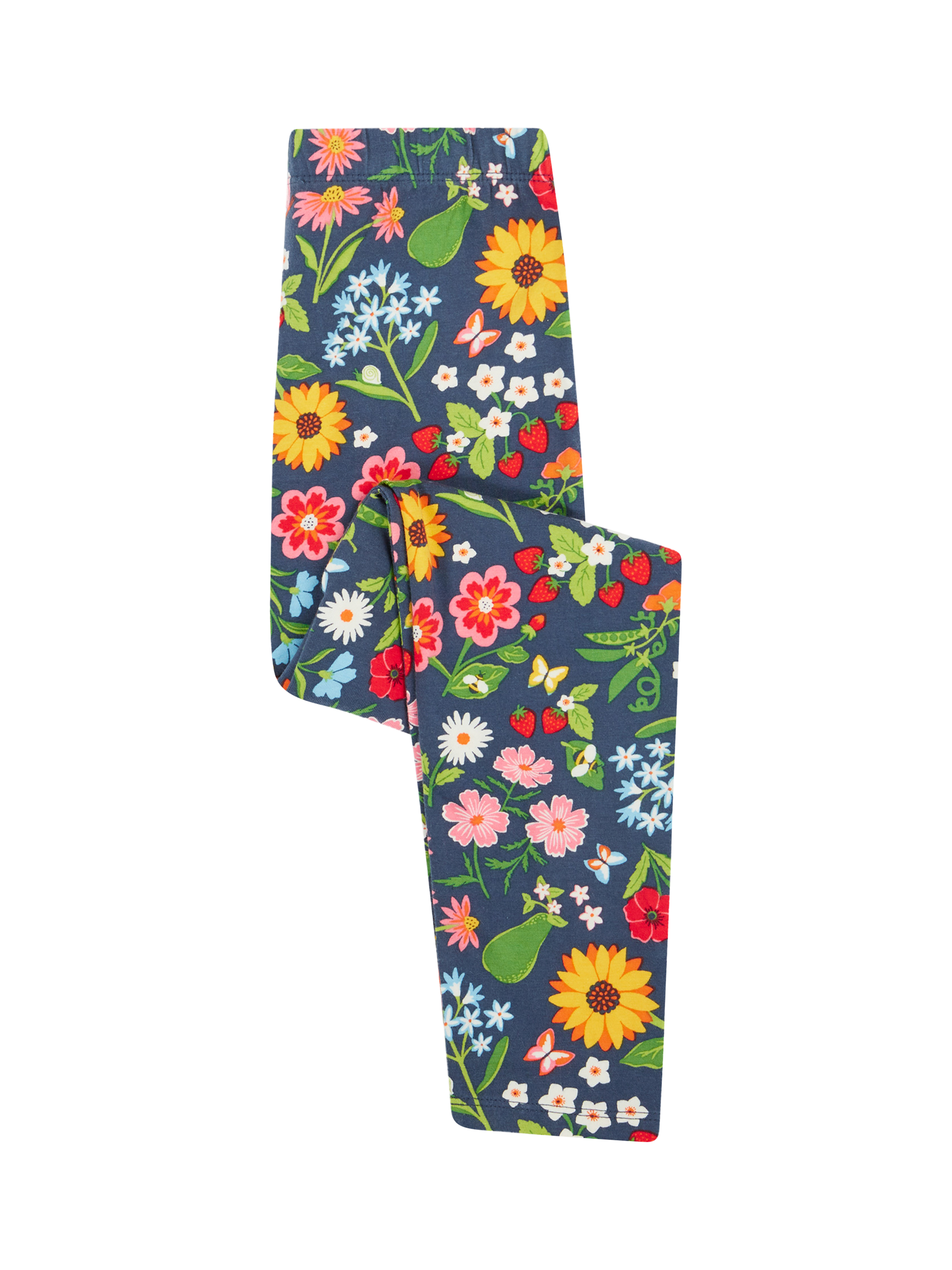 Product image 1 of 5, which shows Frugi Kids' Libby Garden Organic Cotton Rich Leggings, Navy/Multi, 0-3 months