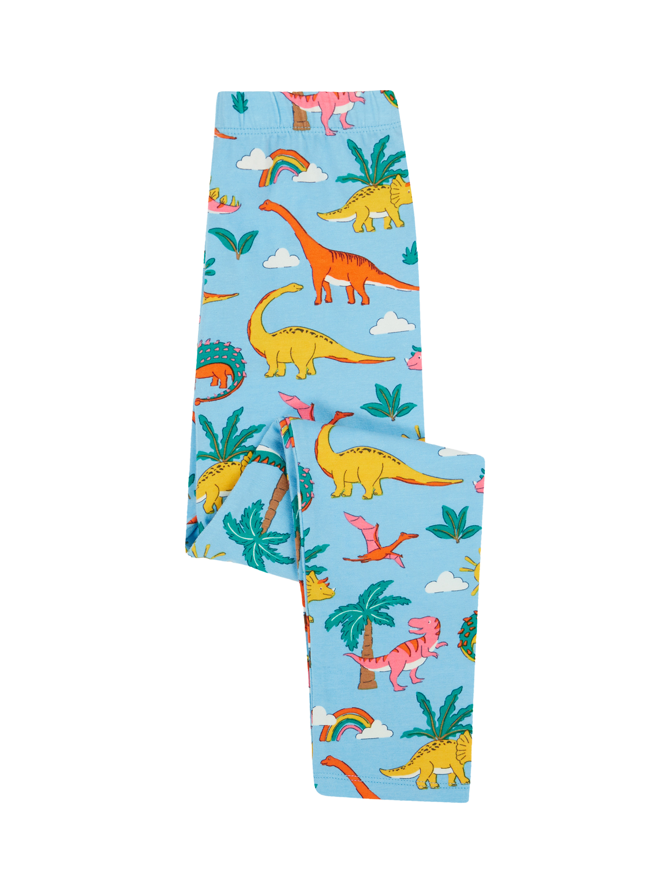 Product image 1 of 5, which shows Frugi Kids' Libby Cotton Dinosaur Print Leggings, Bluebird Dinoland, 2-3 years
