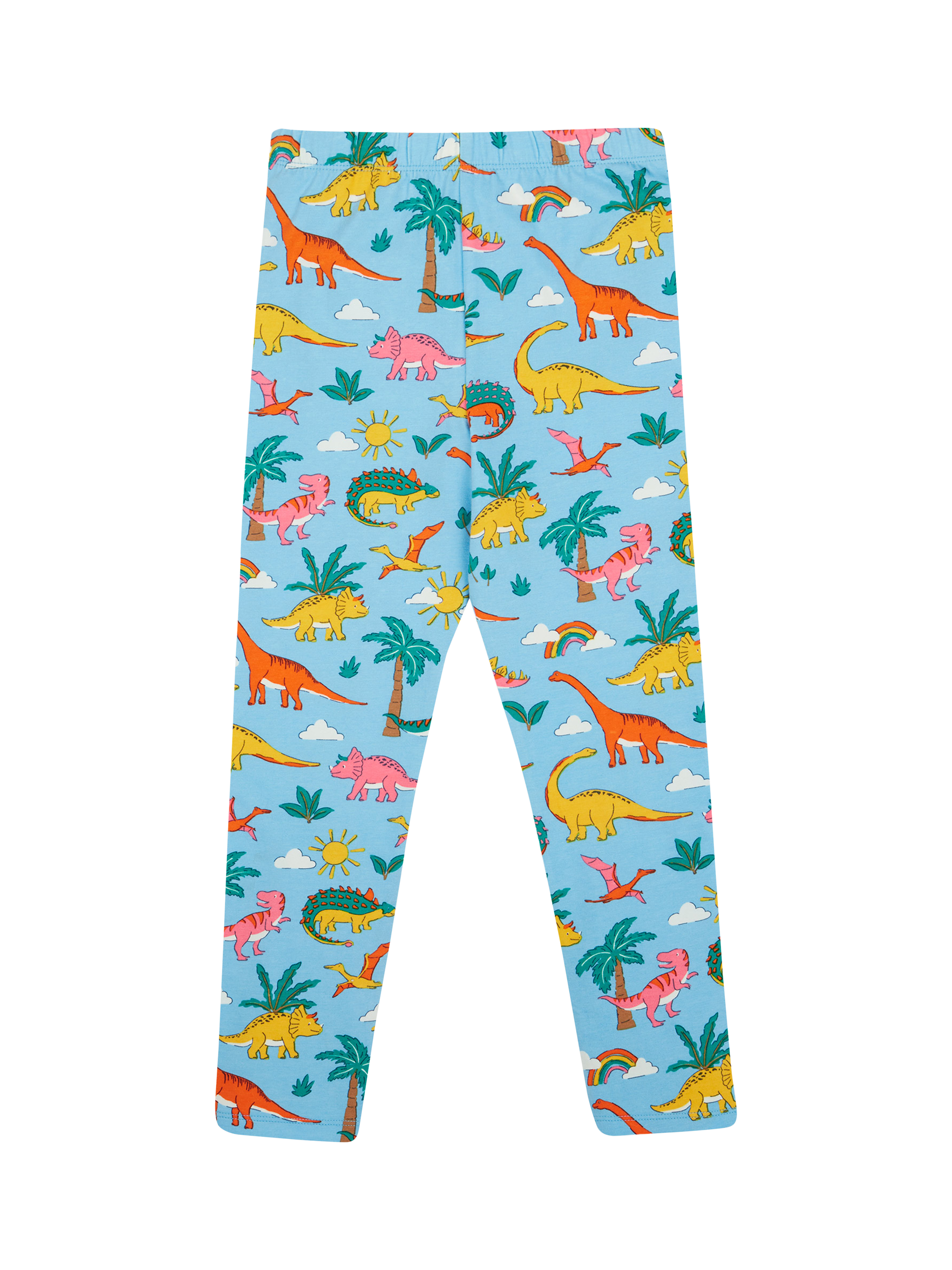Product image 2 of 5, which shows Frugi Kids' Libby Cotton Dinosaur Print Leggings, Bluebird Dinoland, 2-3 years