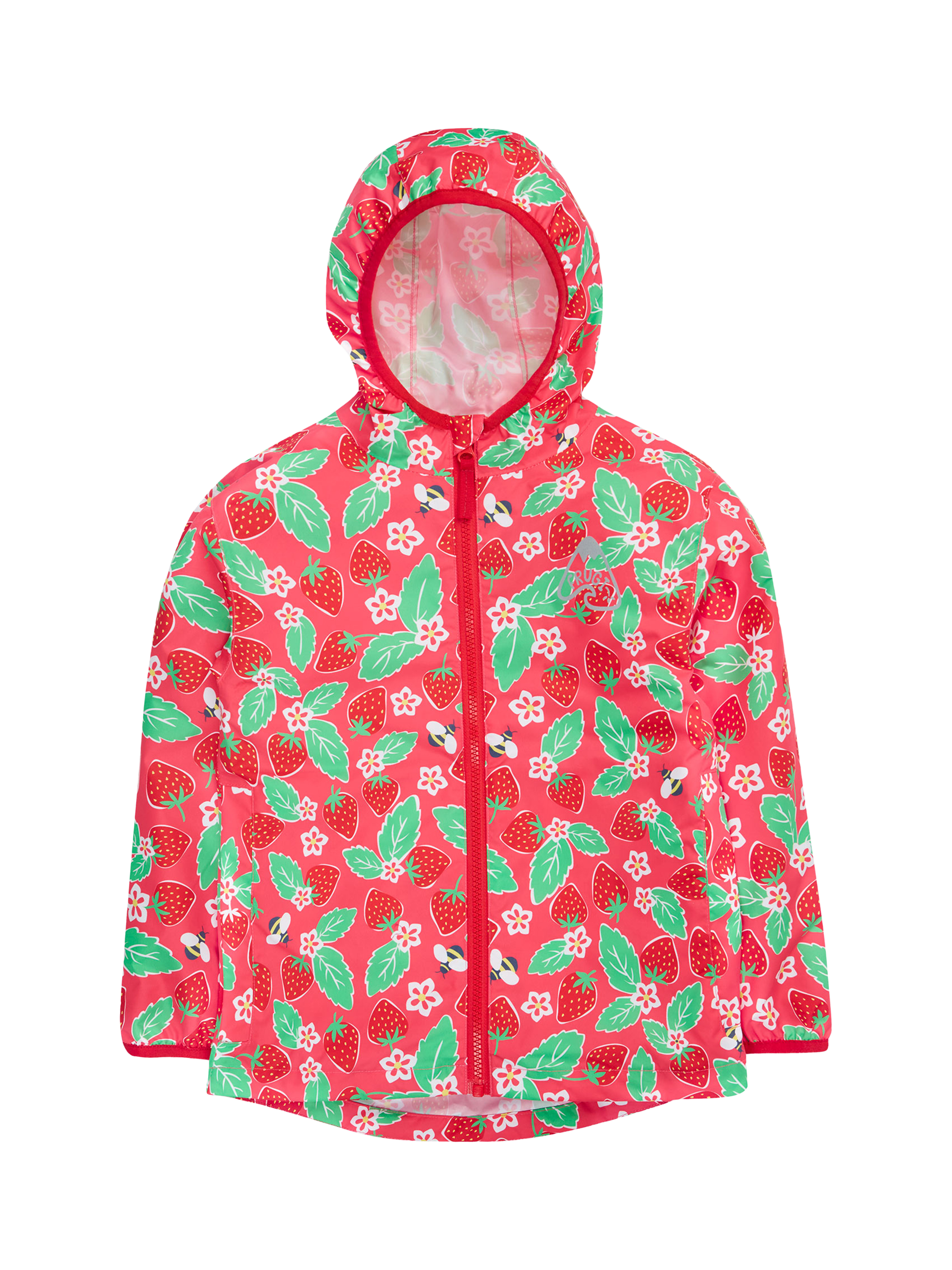 Product image 1 of 6, which shows Frugi Kids' Rain or Shine Strawberry Waterproof Jacket, Pink/Multi, 1-2 years