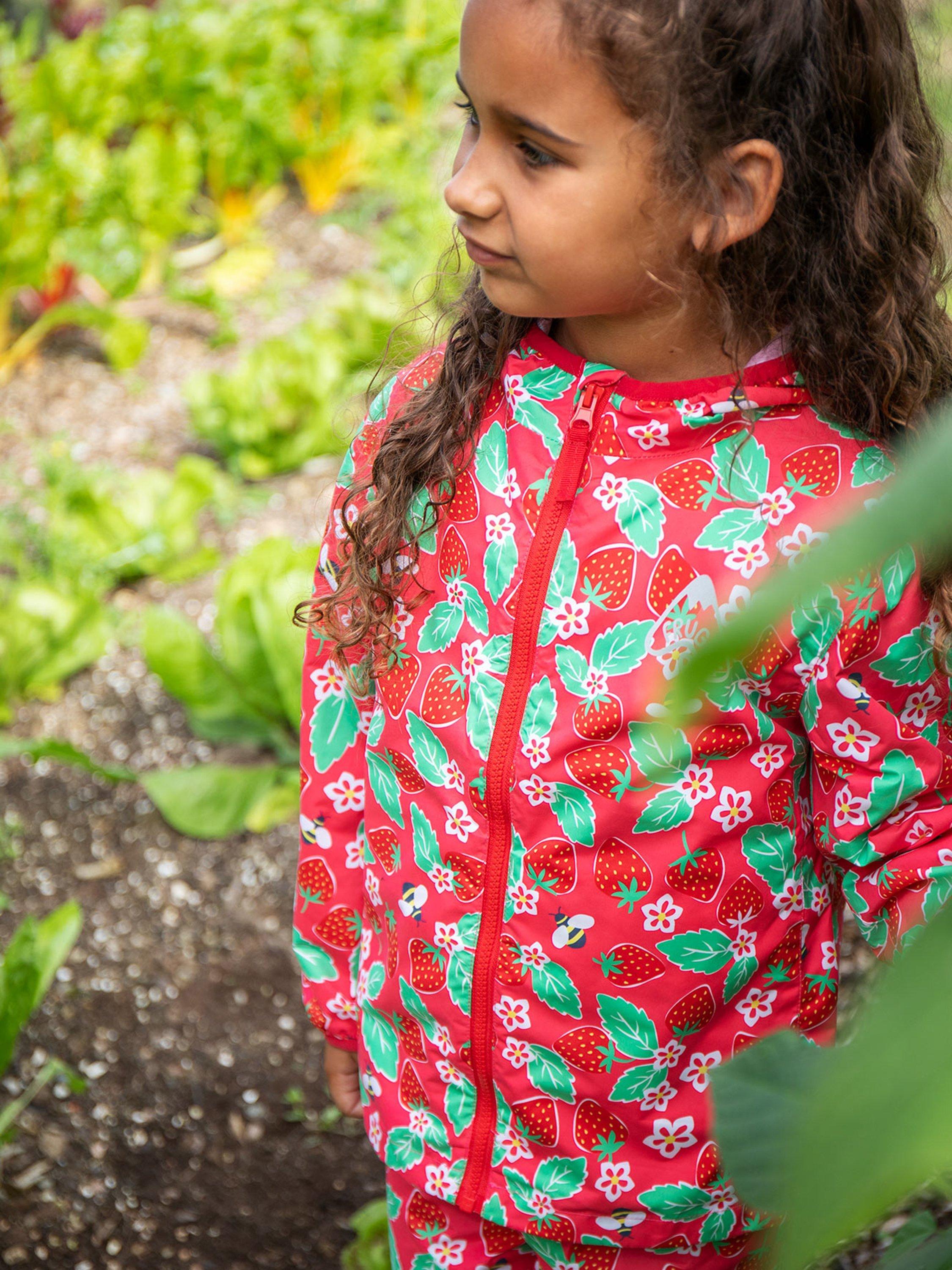 Product image 2 of 6, which shows Frugi Kids' Rain or Shine Strawberry Waterproof Jacket, Pink/Multi, 1-2 years