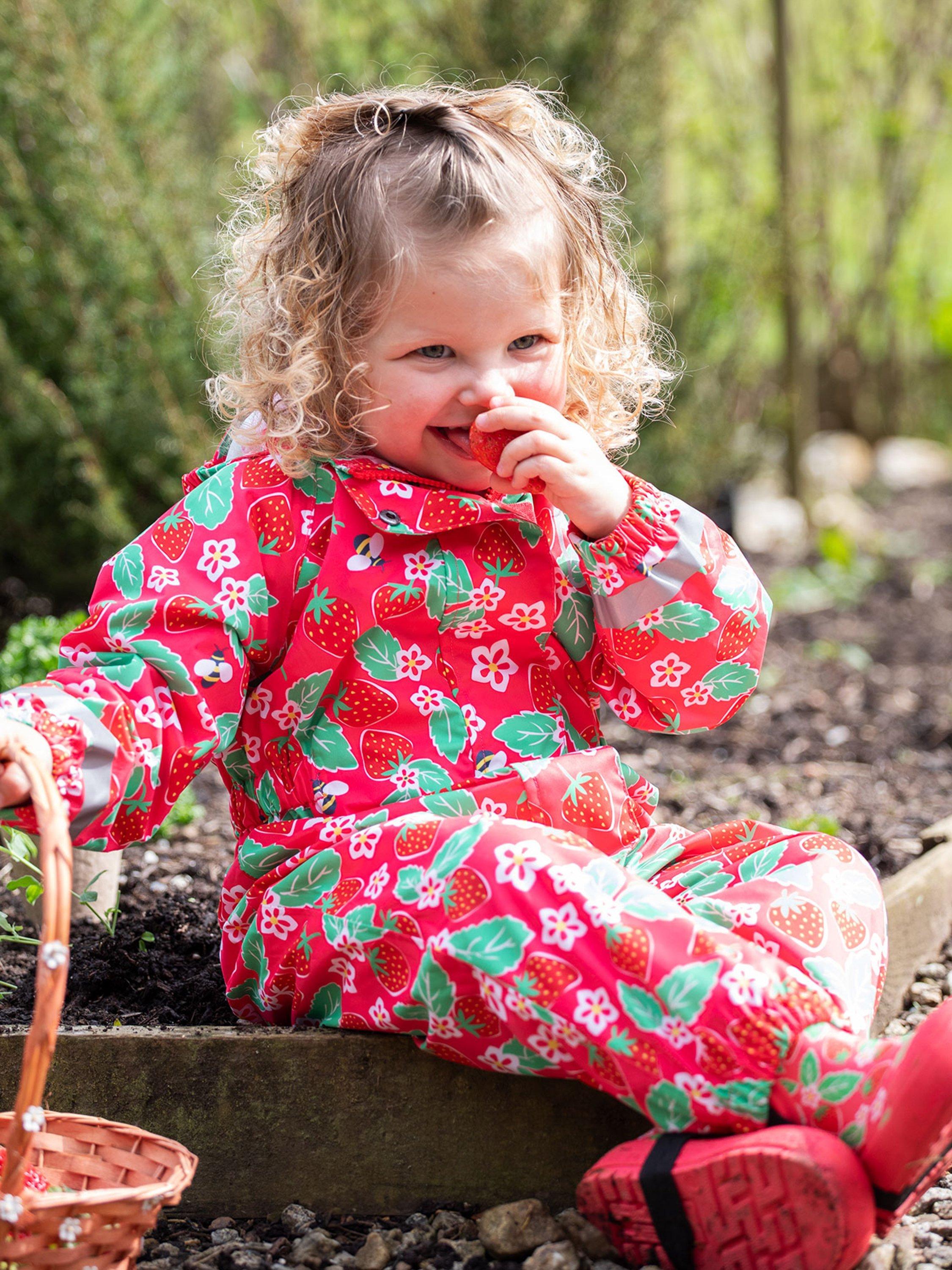 Product image 2 of 8, which shows Frugi Kids' Rain or Shine Strawberry Waterproof Rain Suit, Pink/Multi, 1-2 years