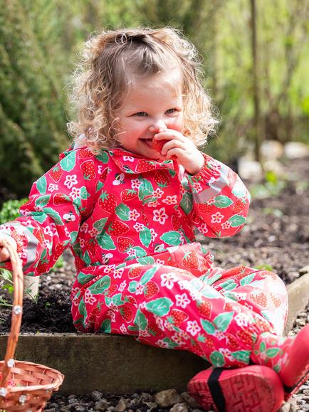 Frugi Kids' Rain or Shine Strawberry Waterproof Rain Suit, Pink/Multi - view 2, Pink/Multi