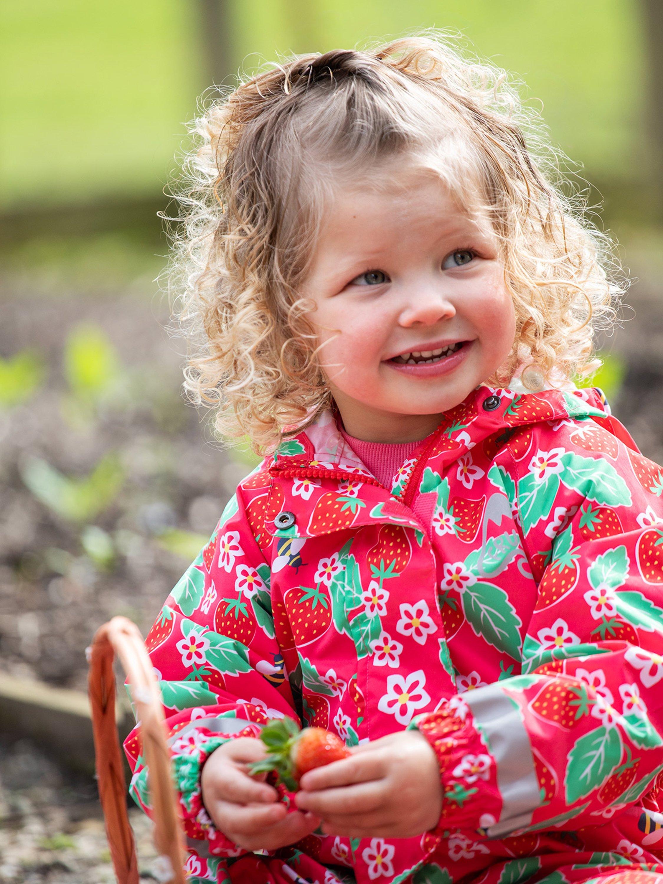 Product image 4 of 8, which shows Frugi Kids' Rain or Shine Strawberry Waterproof Rain Suit, Pink/Multi, 1-2 years
