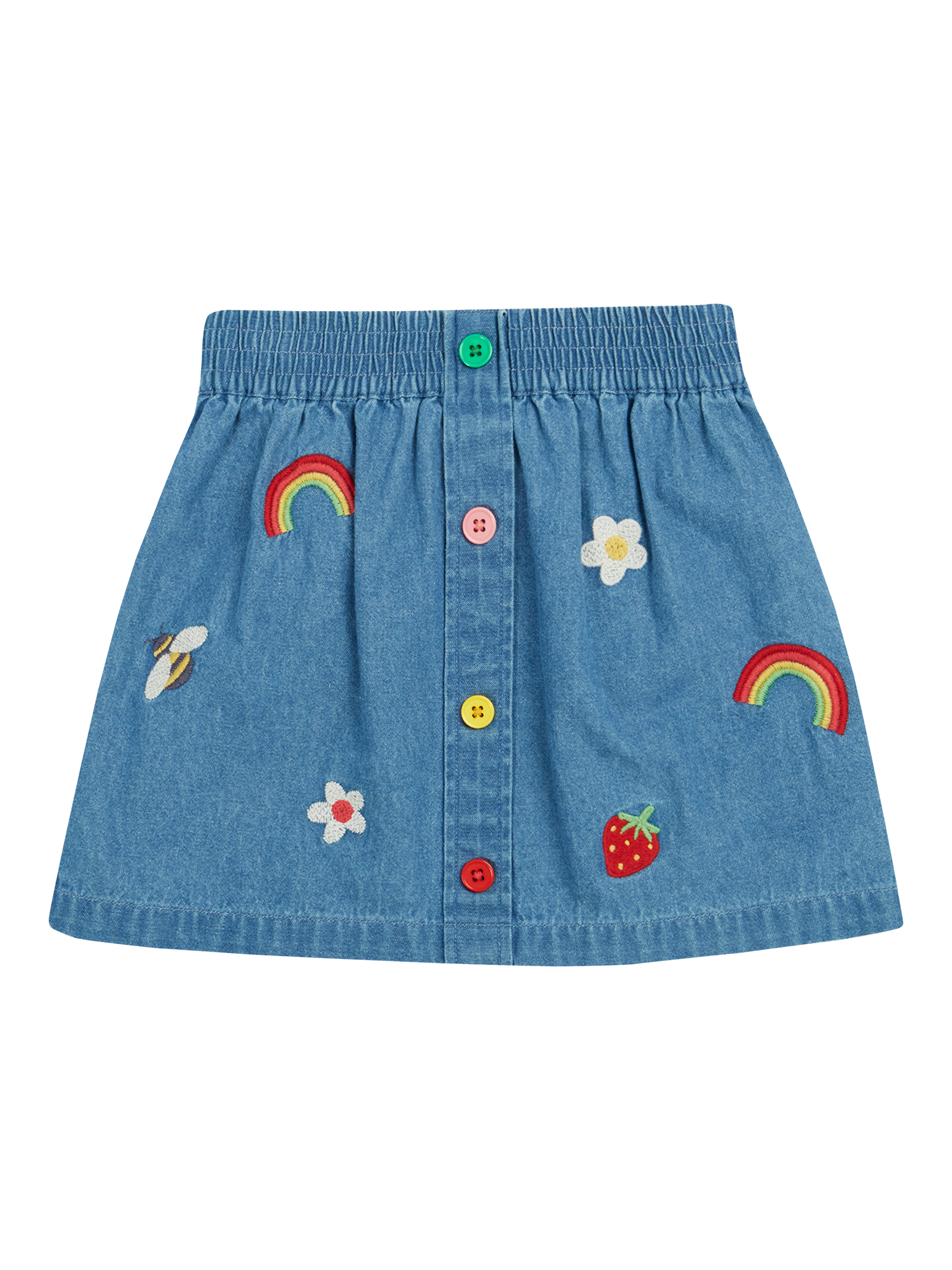 Product image 1 of 7, which shows Frugi Kids' Charley Embroidered Pure Organic Cotton Denim Skirt, Denim/Multi, 2-3 years