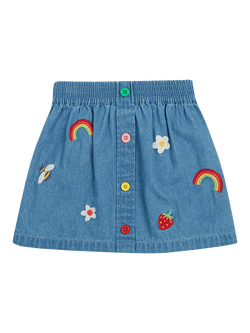 Frugi Kids' Charley Embroidered Pure Organic Cotton Denim Skirt, Denim/Multi, Denim/Multi