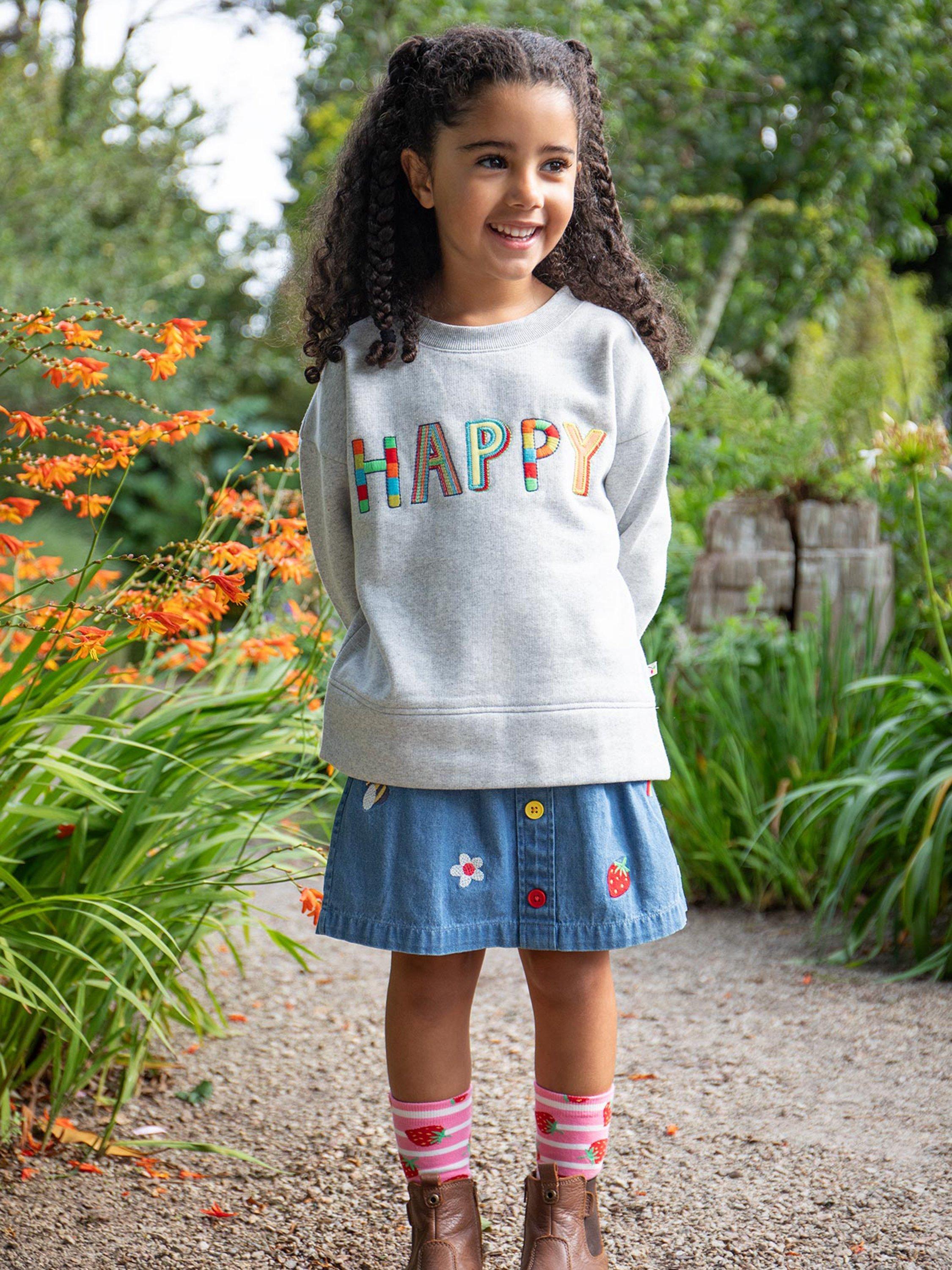 Product image 2 of 7, which shows Frugi Kids' Charley Embroidered Pure Organic Cotton Denim Skirt, Denim/Multi, 2-3 years