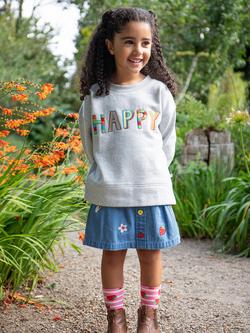 Frugi Kids' Charley Embroidered Pure Organic Cotton Denim Skirt, Denim/Multi - view 2, Denim/Multi