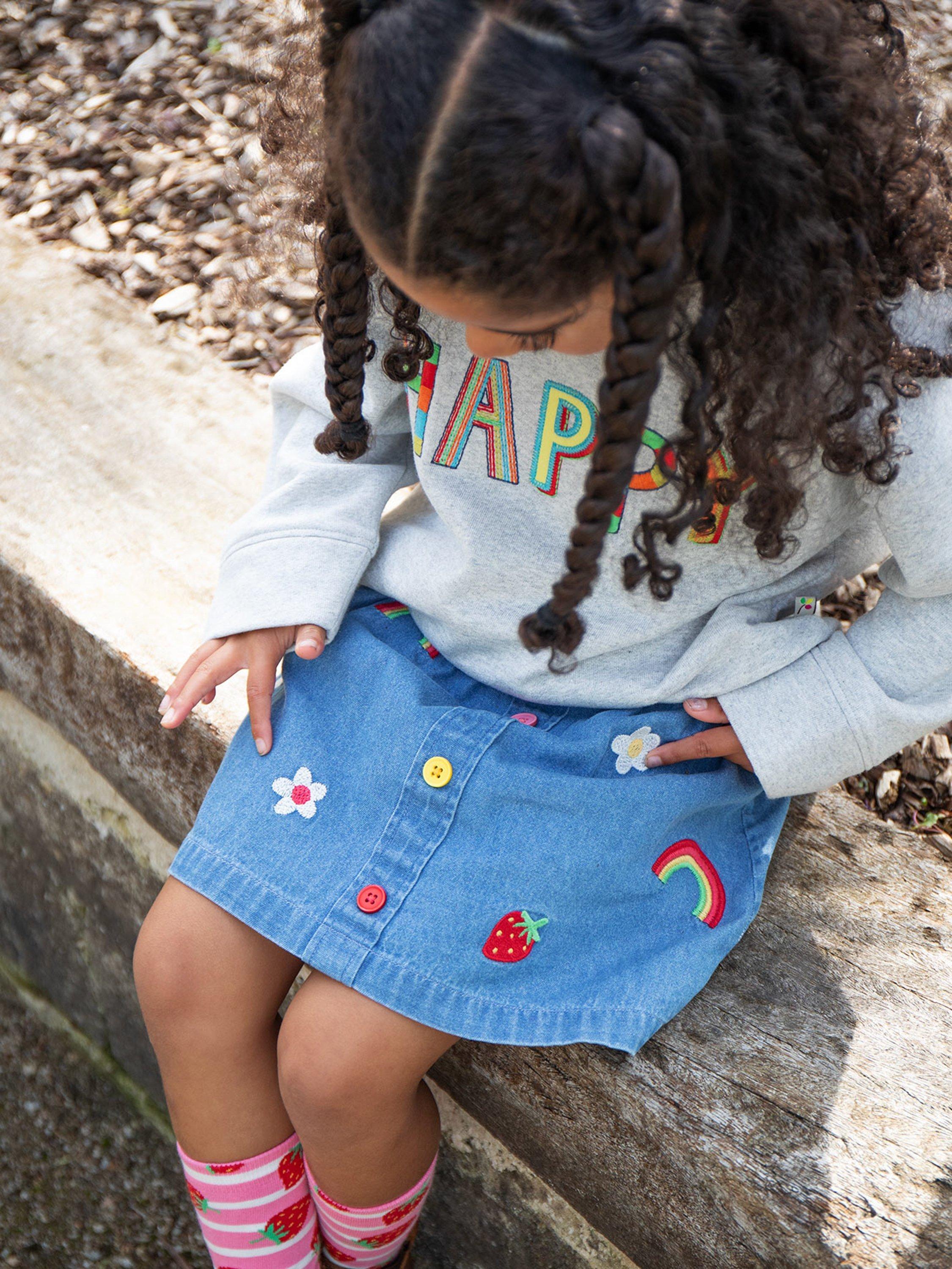 Product image 4 of 7, which shows Frugi Kids' Charley Embroidered Pure Organic Cotton Denim Skirt, Denim/Multi, 2-3 years