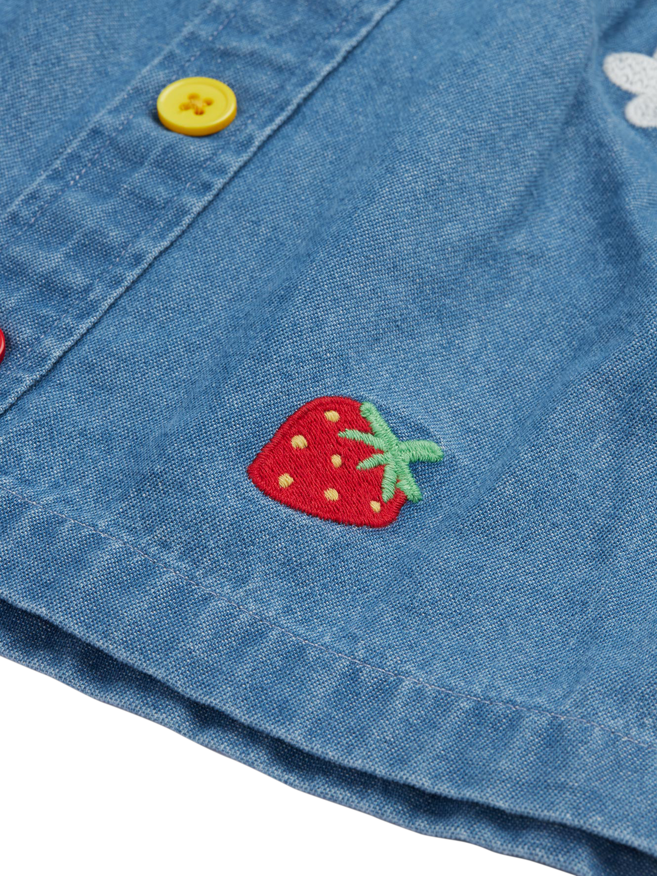 Product image 6 of 7, which shows Frugi Kids' Charley Embroidered Pure Organic Cotton Denim Skirt, Denim/Multi, 2-3 years