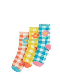 Frugi Kids' Cotton Blend Frilled Socks, Pack of 3, Gingham Multipack, Gingham Multipack