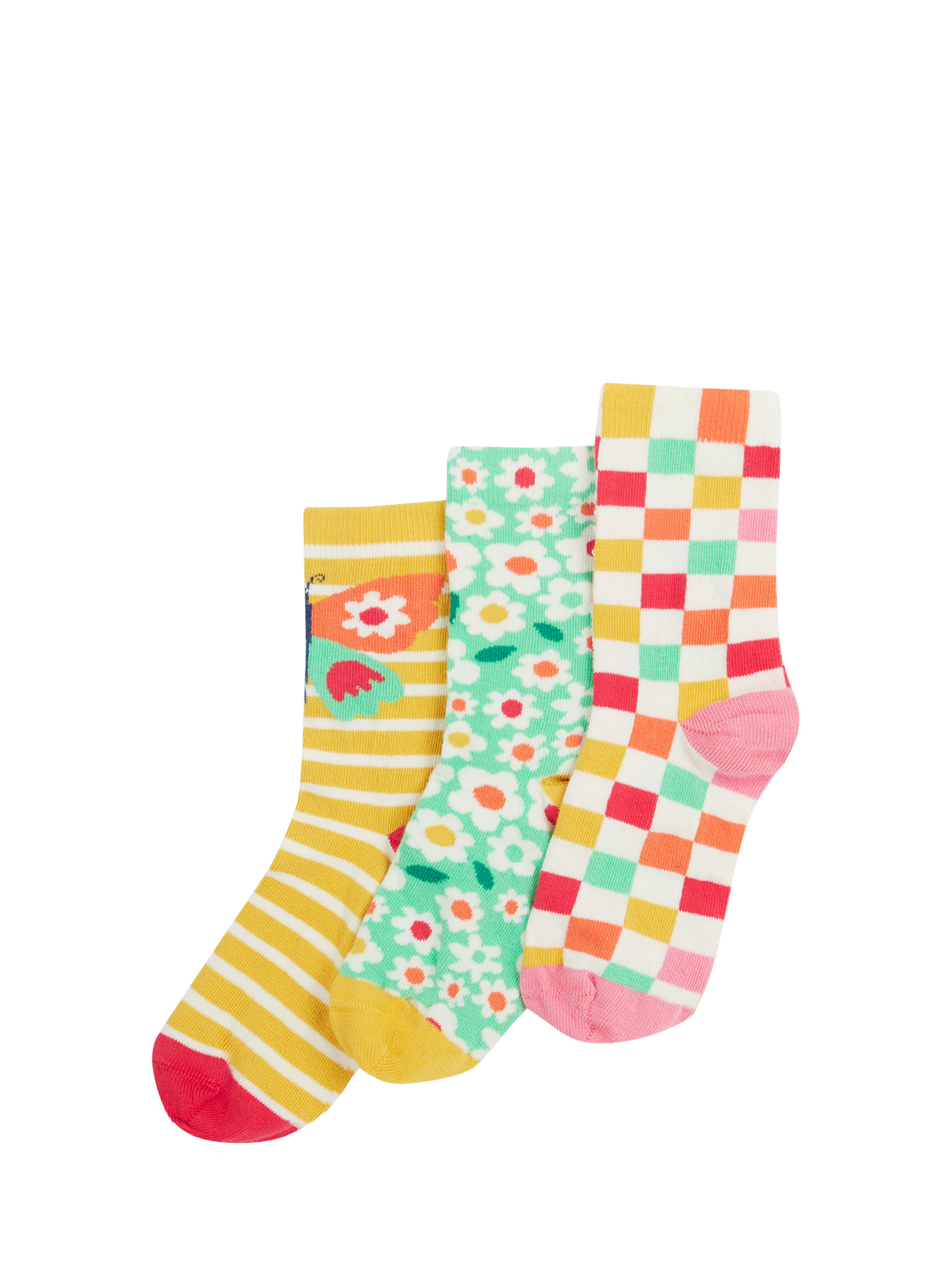 Product image 1 of 2, which shows Frugi Kids' Rock My Floral Check Socks, Pack of 3, Multi, 6-8