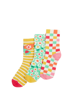 Frugi Kids' Rock My Floral Check Socks, Pack of 3, Multi, Multi