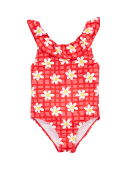 Frugi Kids' Amelia Floral Check Swimsuit, Red/Multi, Red/Multi