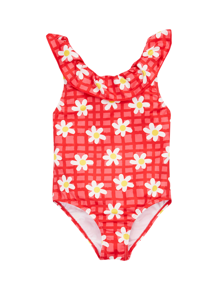 Frugi Kids' Amelia Floral Check Swimsuit, Red/Multi, Red/Multi
