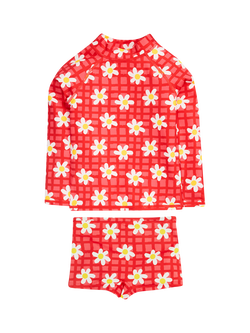 Frugi Kids' Rachel Floral Check Rash Vest & Swim Shorts Set, Red/Multi, Red/Multi